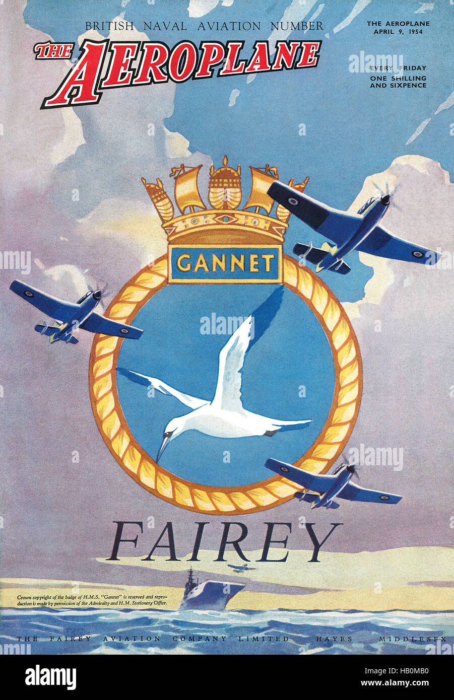 Titelseite der Zeitschrift für 9. April 1954 das Flugzeug mit einer Werbung für das Flugzeug Fairey Gannet Stockfoto