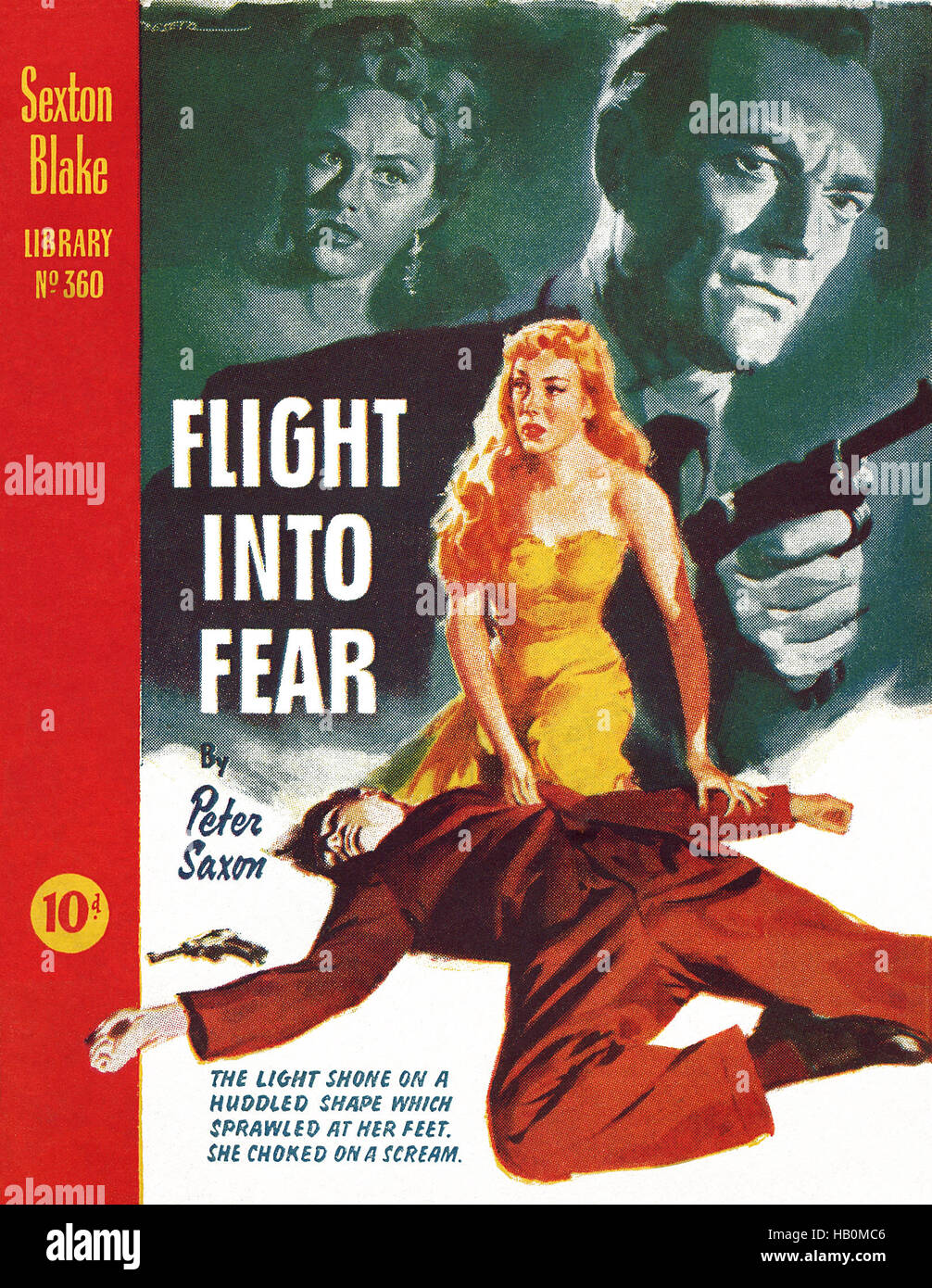 Vordere Abdeckung der Flug in Angst von Peter Saxon. Ausgabe 319 der Sexton Blake Library, veröffentlicht im Juni 1956. Stockfoto