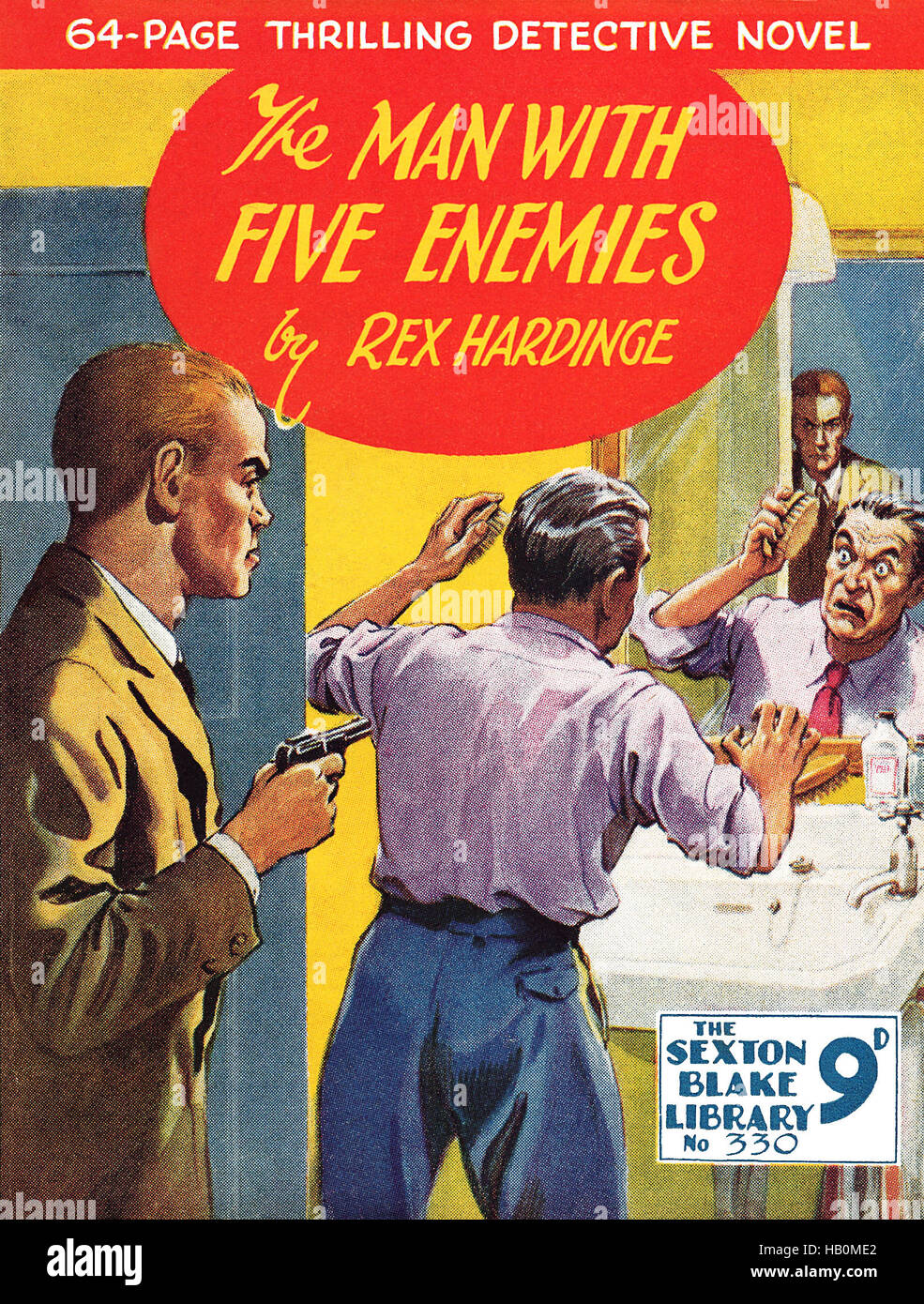 Titelseite der der Mann mit fünf Feinde von Rex Hardinge. Ausgabe 330 der Sexton Blake Library, veröffentlicht im Februar 1955. Stockfoto