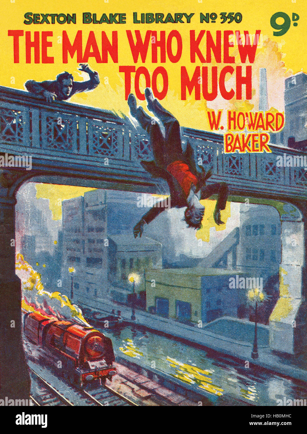 Vordere Abdeckung von The Man Who Knew Too Much von W. Howard Baker. Ausgabe 350 der Sexton Blake Library, veröffentlicht im Dezember 1955. Stockfoto