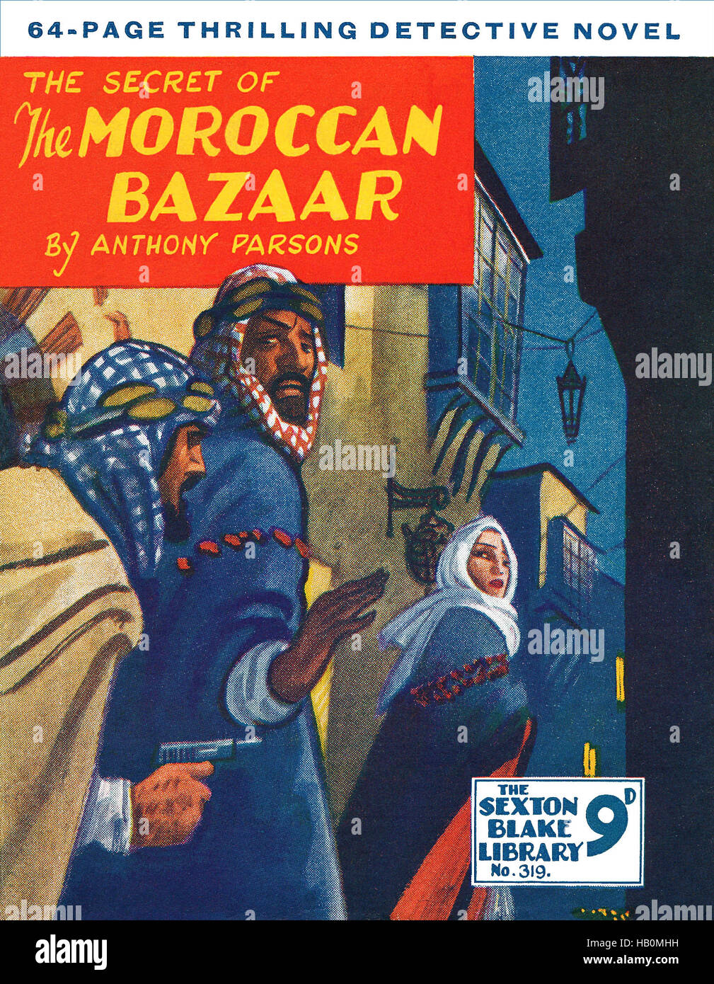 Vordere Abdeckung von The Secret von der marokkanischen Basar von Anthony Parsons. Ausgabe 319 der Sexton Blake Library, veröffentlicht im September 1954. Illustration von Eric Parker. Stockfoto