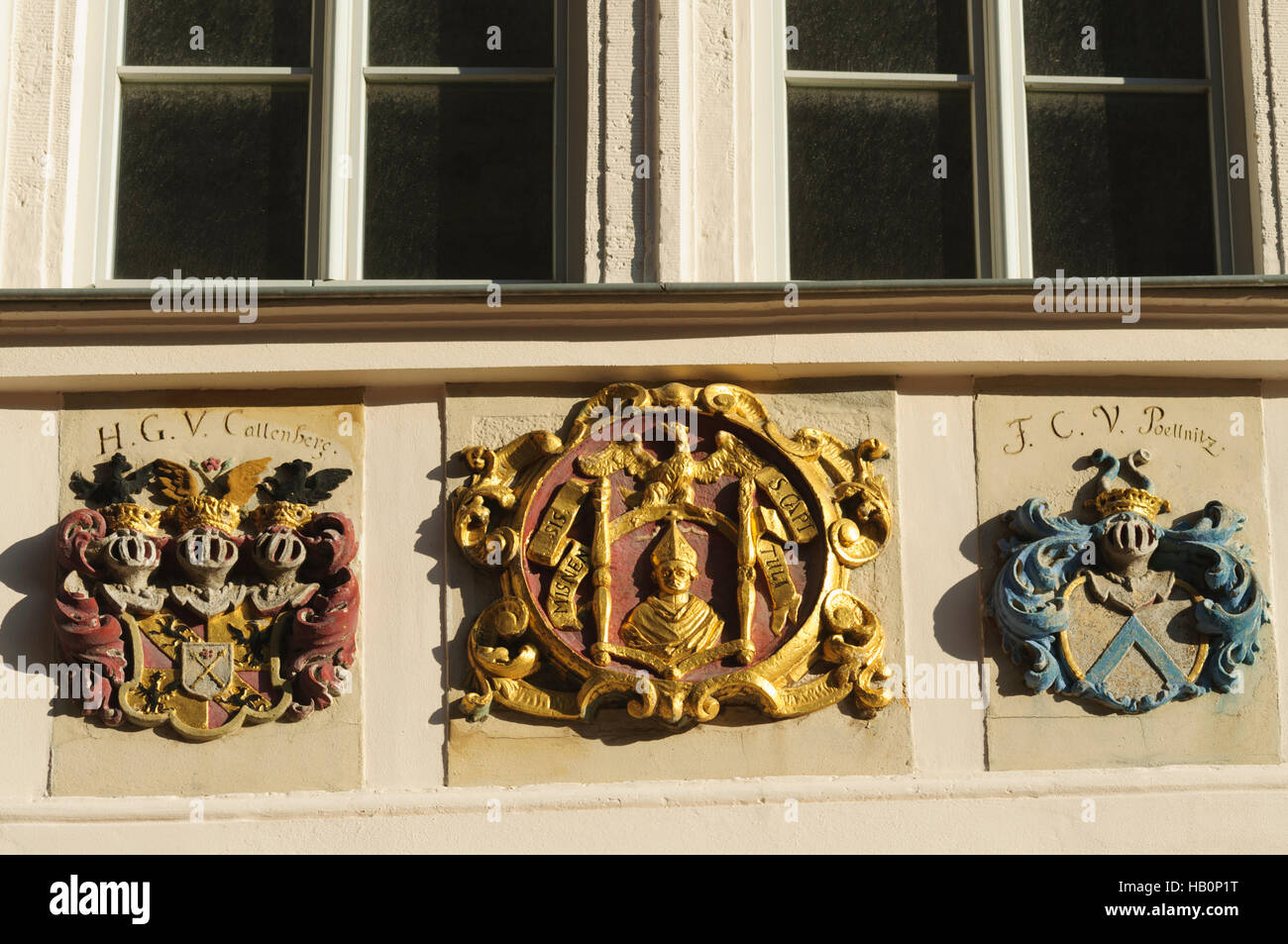 Meißen: Wappen im Domherrenhaus, Sachsen, Sachsen, Deutschland Stockfoto