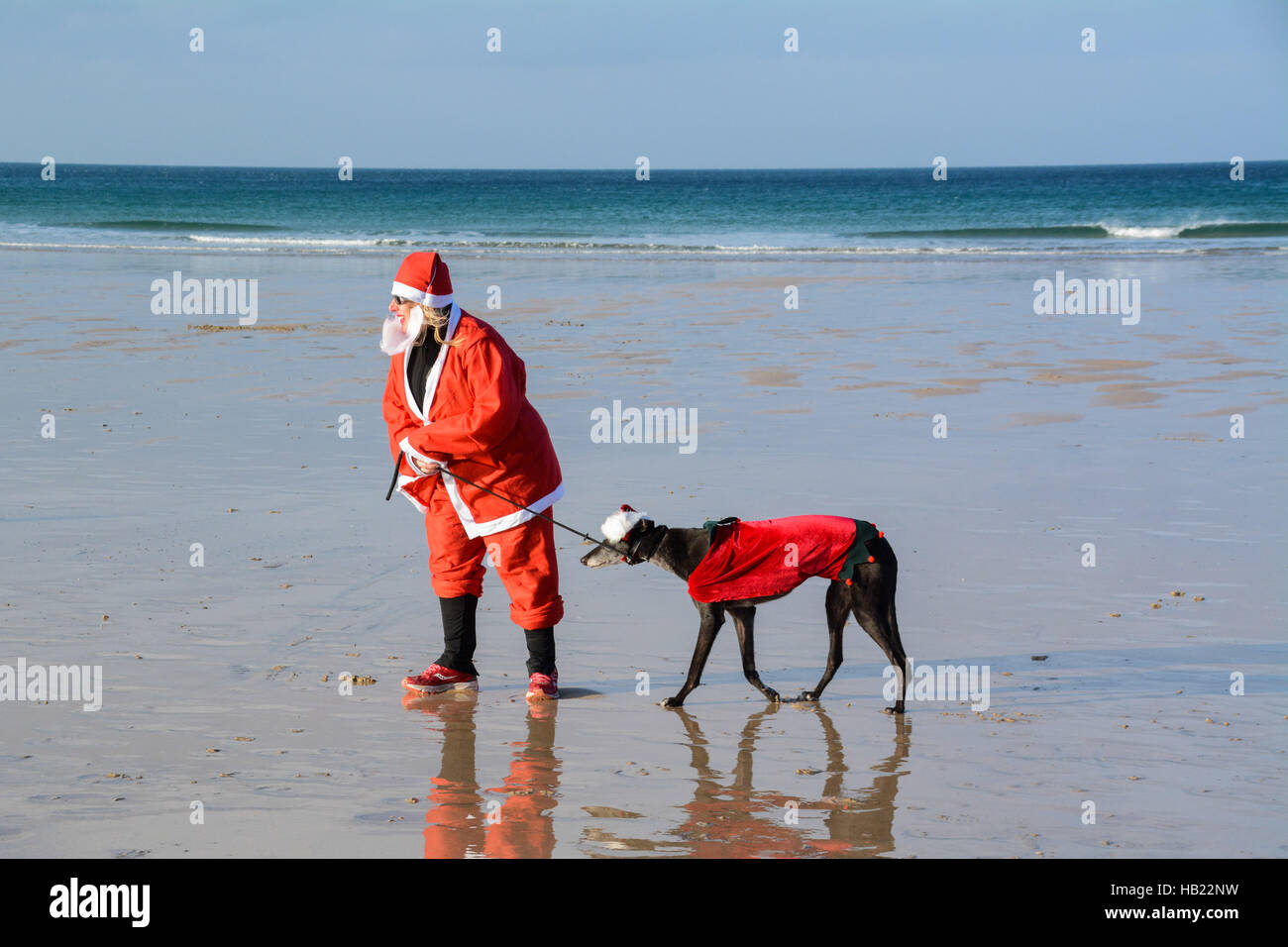 Newquay, Cornwall, UK. 4. Dezember 2016. Das jährliche Charity-Surfen ausführen Weihnachtsmänner und Spaß am Fistral Beach - auch der Mangel an Surf nicht Menschen abgeschreckt. Bildnachweis: Simon Maycock/Alamy Live-Nachrichten Stockfoto