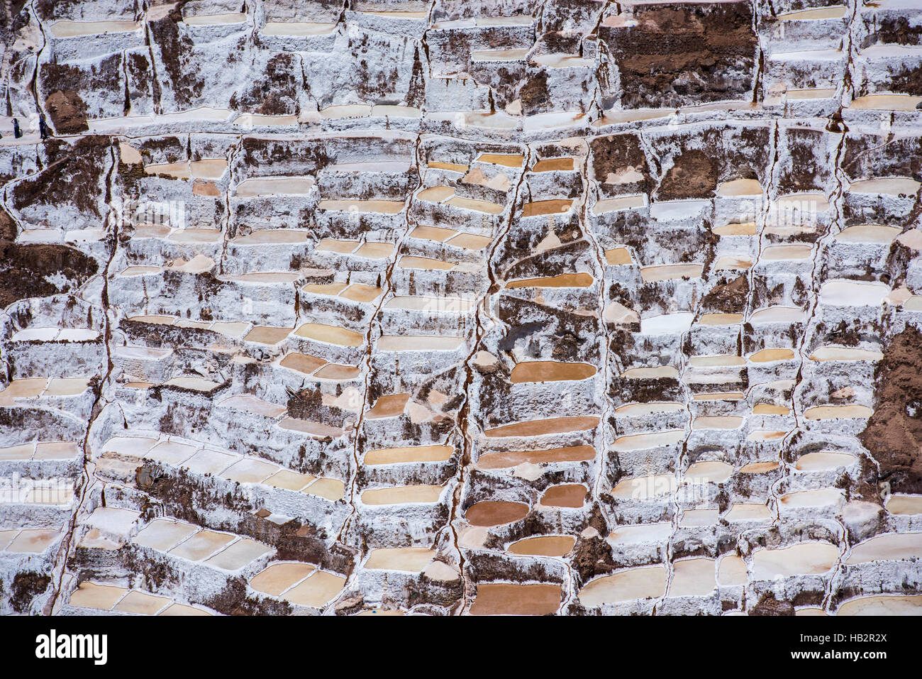 Salinas de Maras, vom Menschen verursachten Salzminen in der Nähe von Cusco, Peru Stockfoto