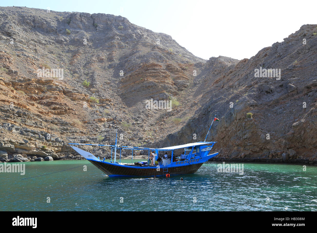 Oman, Musandam, Fjord mit Dhau Stockfoto