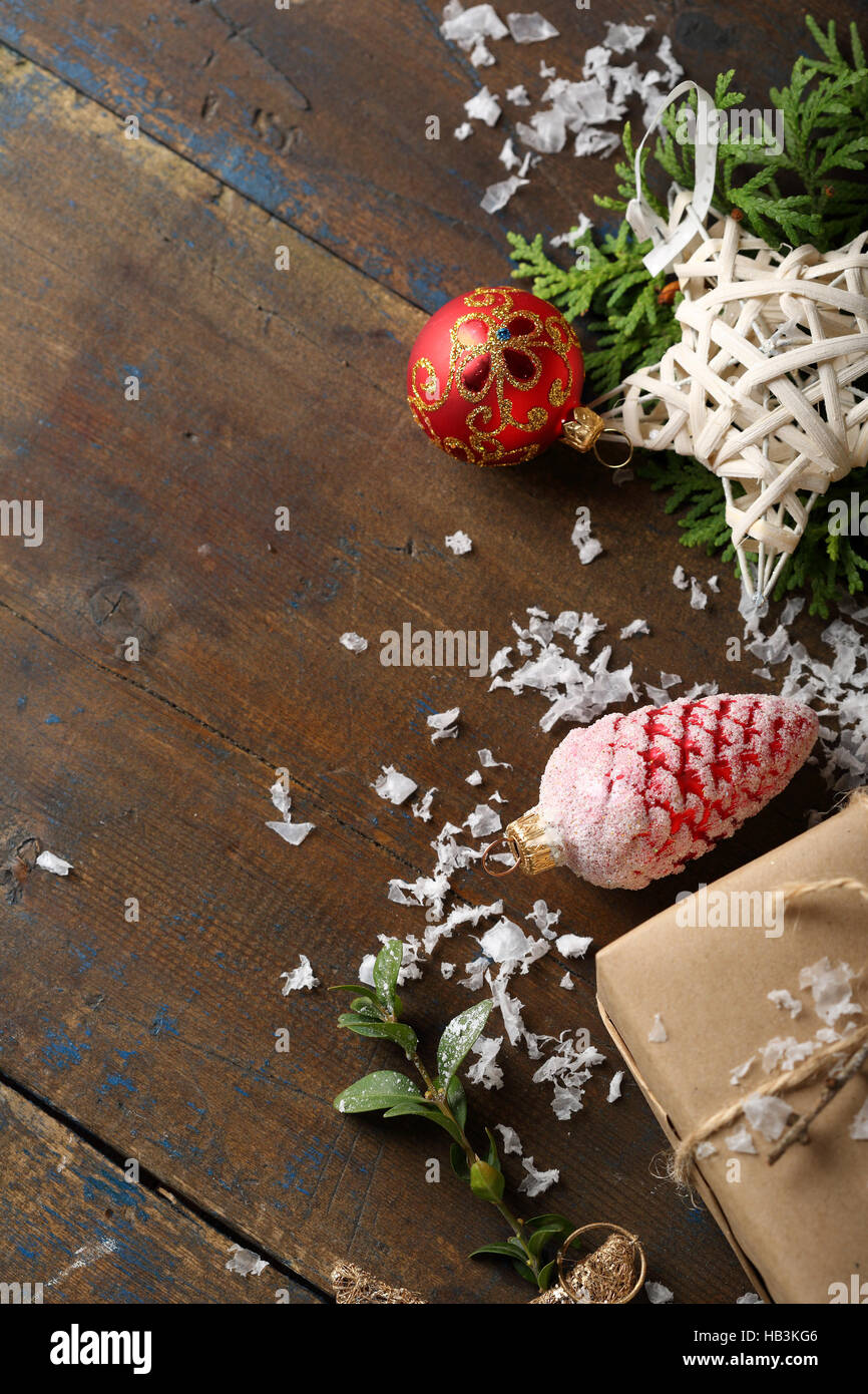Weihnachten Urlaub Hintergrund, Dekor auf Holz Stockfoto