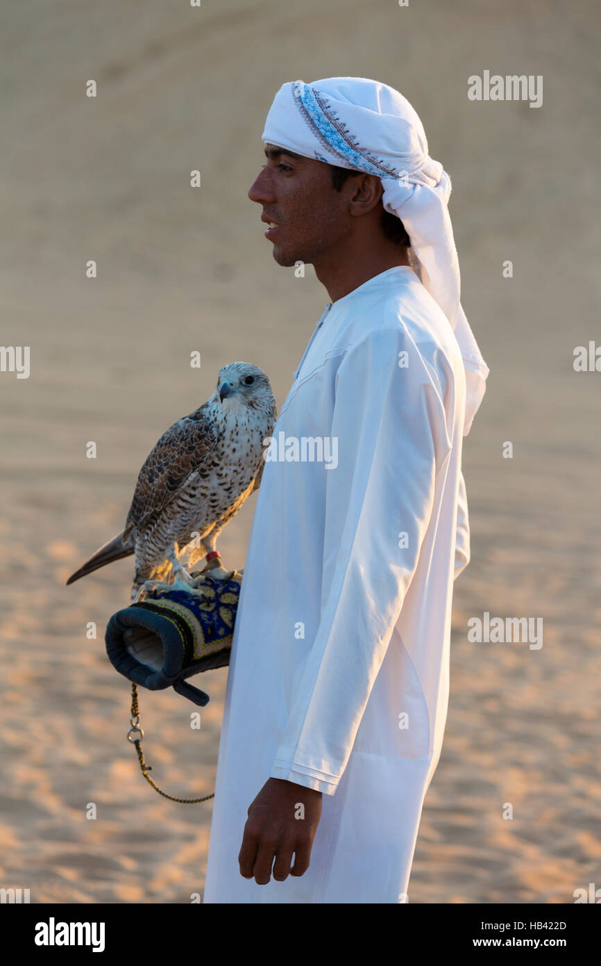 Junge arabische Mann hält ein Falke in der Wüste in der Nähe von Dubai, Vereinigte Arabische Emirate Stockfoto