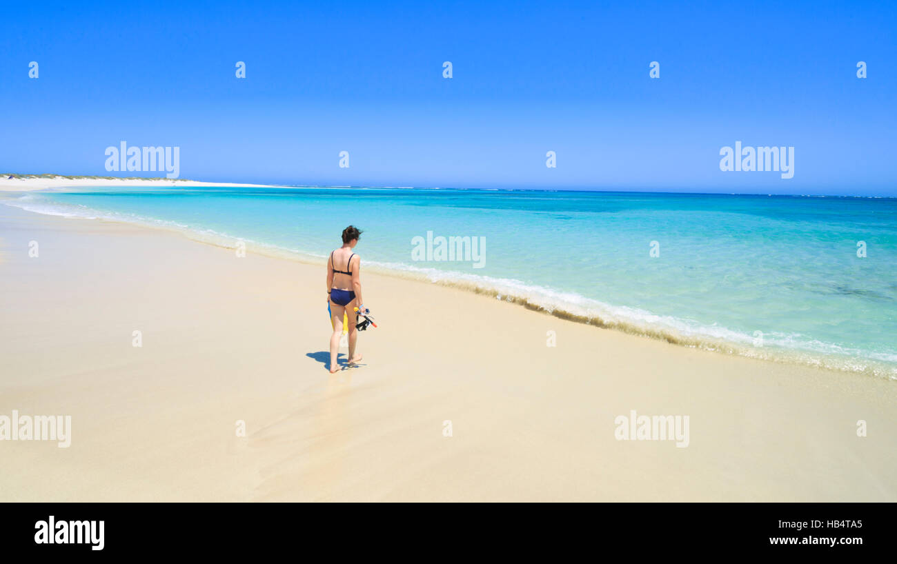 Einer Frau mit einem Schnorchel Fuß in Richtung der klaren Gewässern der Turquoise Bay in Cape Range National Park, Western Australia. Stockfoto