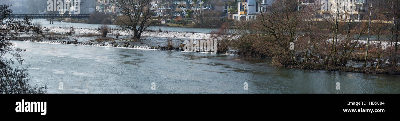 Panorama überschwemmtes Gebiet in Mülheim, Deutschland. Stockfoto