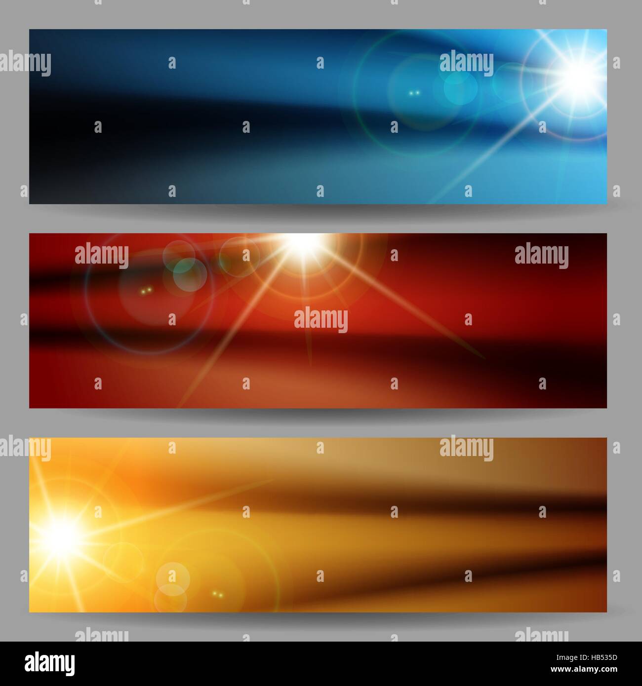 Satz von horizontalen Banner mit Flare hellen Sonne Strahlen abstrakten Hintergrund für Website-Header, banner oder Nacht party Flyer Vorlage. Vektor-illustration Stock Vektor