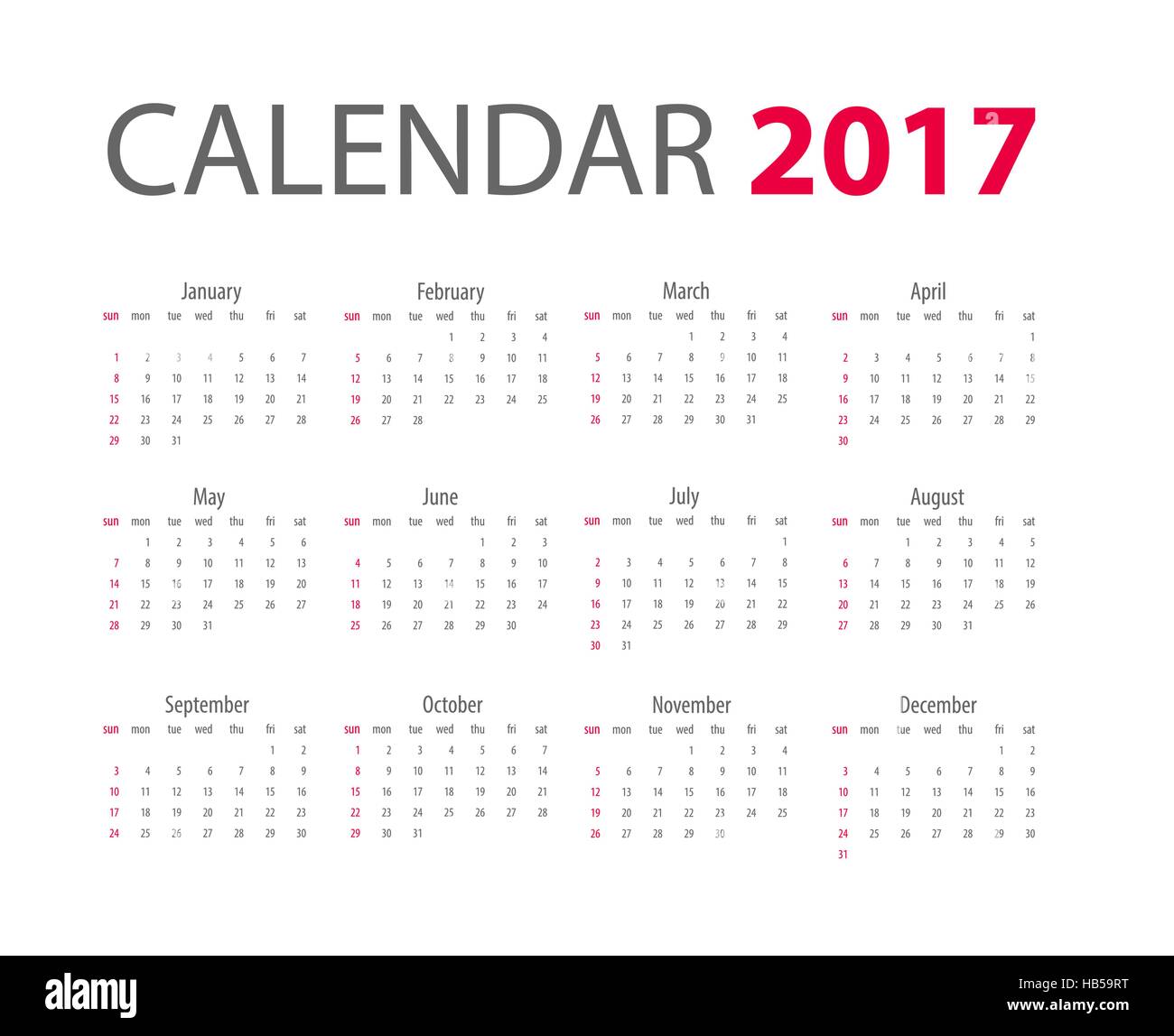 Schöne Zusammenfassung blots druckbare 12 Monatskalender 2017. Kalenderwoche  beginnt ab Sonntag. Trendiges Design moderne Kalender Stock-Vektorgrafik -  Alamy
