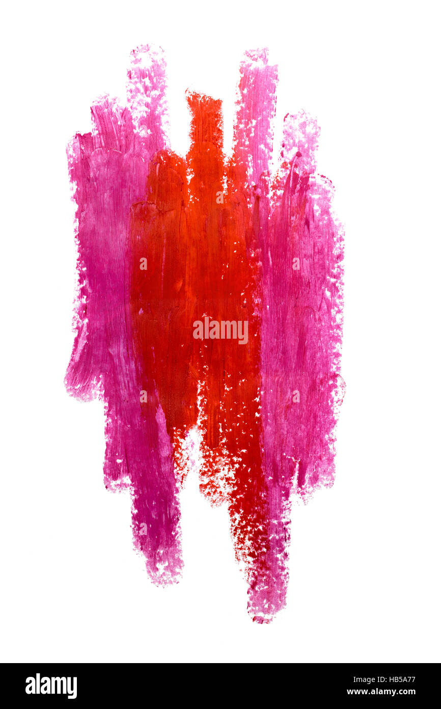 Kreatives Foto von einer abstrakten rot und rosa Lippenstift Strichen isoliert auf weiss. Stockfoto