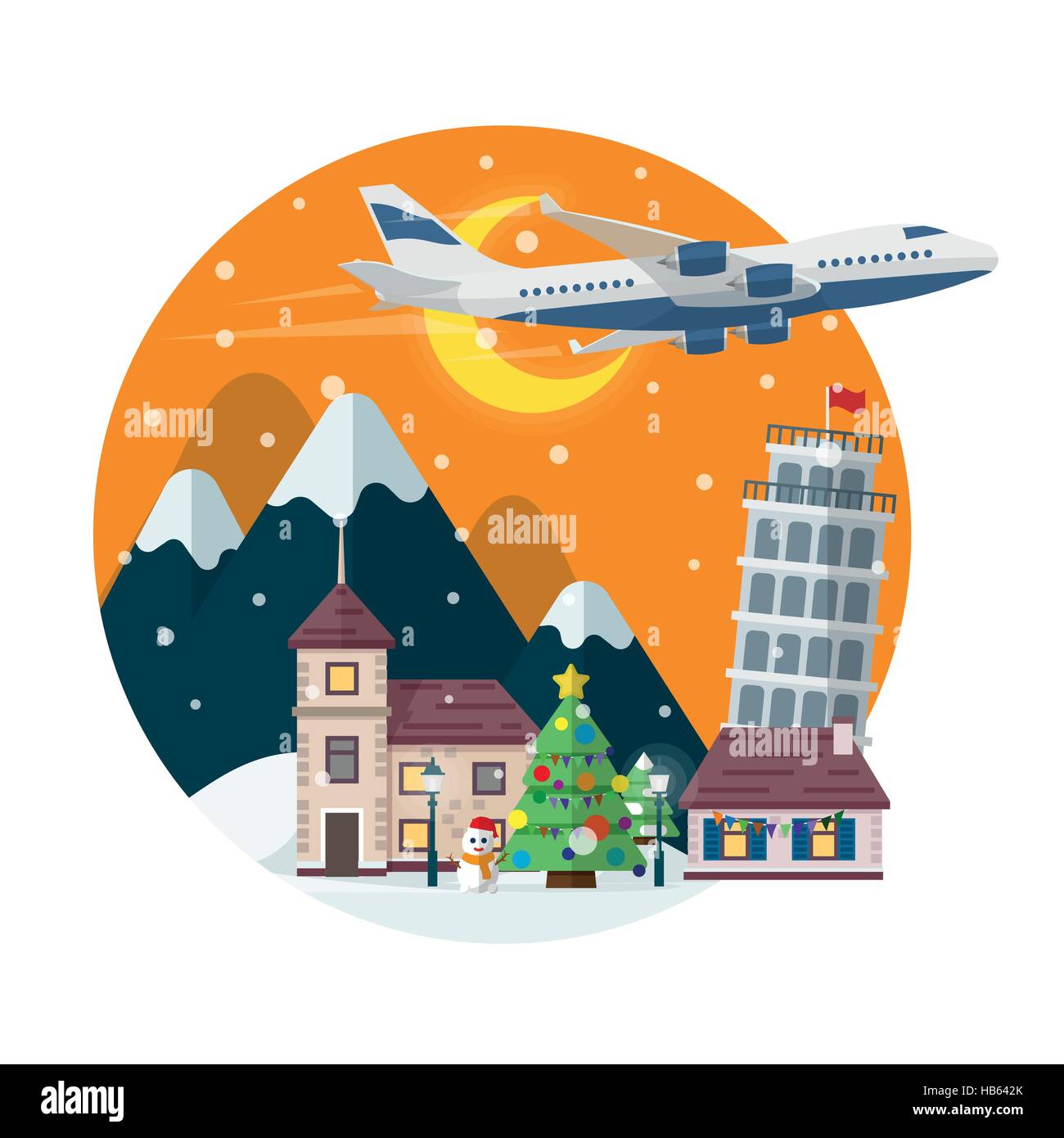 Reisen Sie nach Italien. Frohe Weihnachten runden Banner im flachen Stil. In der Zeit des Urlaubs reisen mit dem Flugzeug. Stock Vektor