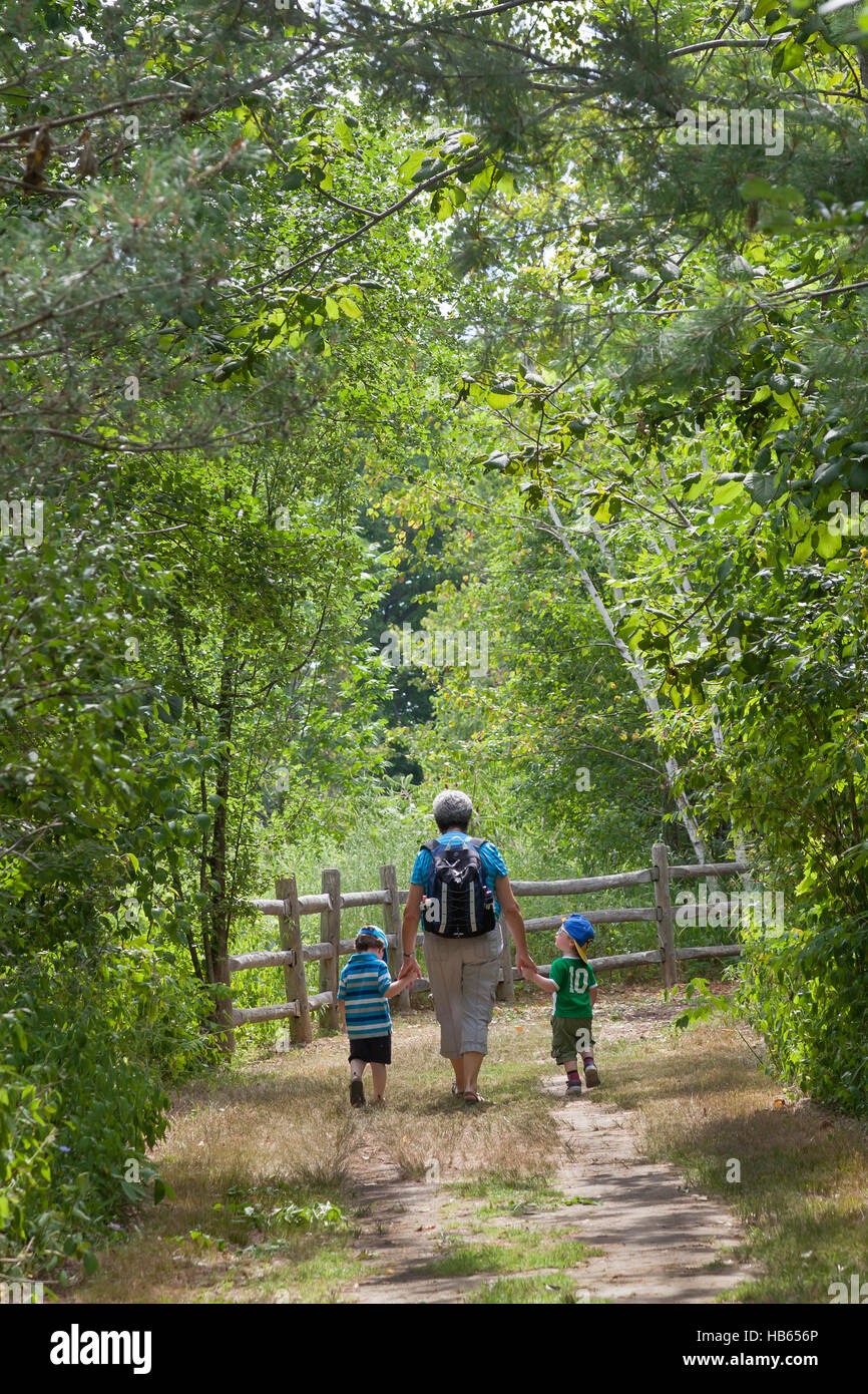 Großmutter und ihren zwei Enkelkindern auf einer Wanderung im Rouge Valley Park in Toronto, Ontario, Kanada Stockfoto