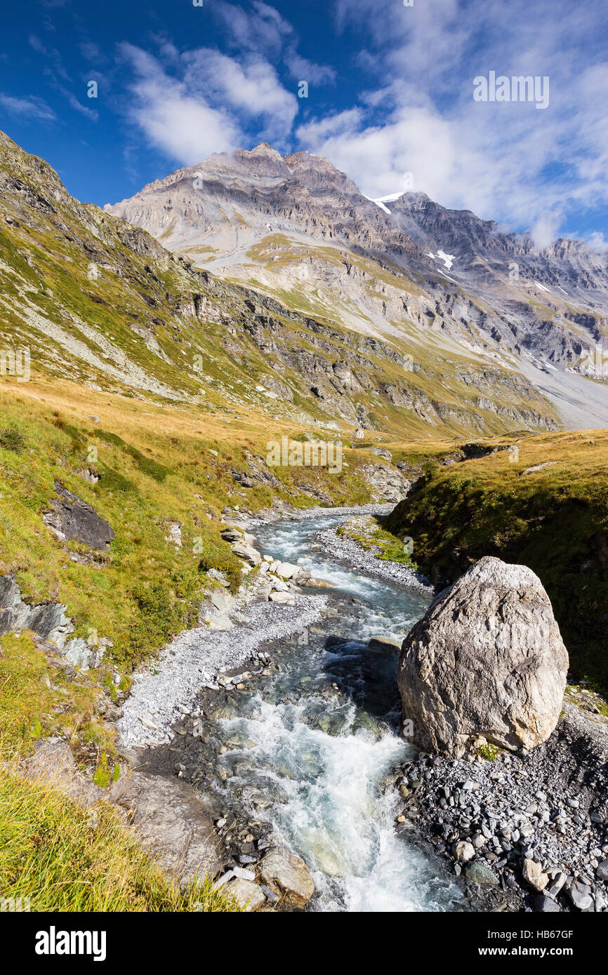 Rock und alpine torrent de la Leisse. Grande Casse Berg. Parc National de la Vanoise. Frankreich. Europa. Stockfoto