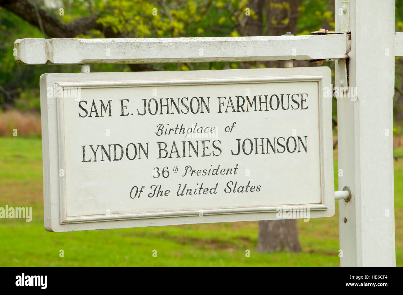 Sam-E Johnson Bauernhaus (LBJ Geburtsort) Zeichen, Lyndon B. Johnson National Historical Park, Texas Stockfoto