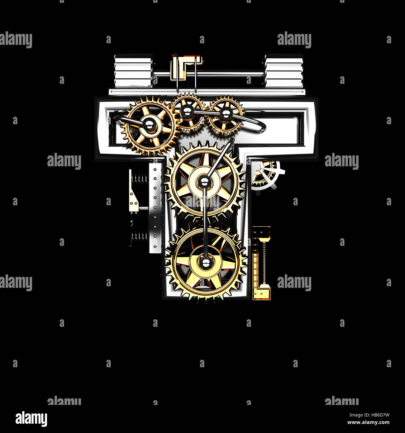 t isolierte Metall Buchstaben mit Zahnrädern auf schwarz Stockfoto