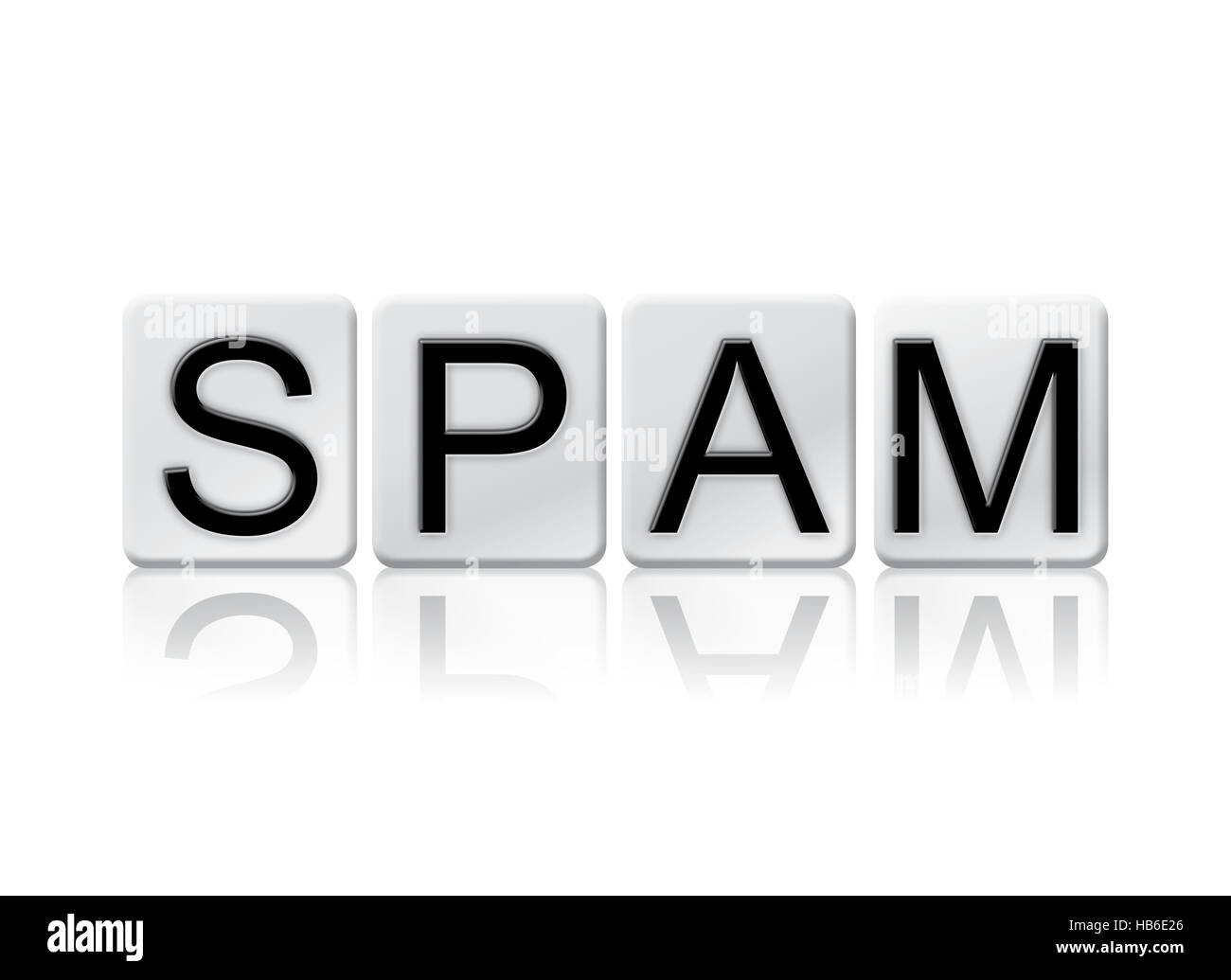 Das Wort "Spam" in Fliese Buchstaben auf einem weißen Hintergrund isoliert geschrieben. Stockfoto