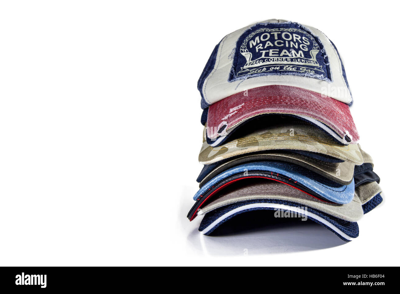 Auswahl von Baseball-Kappen mit weißem Hintergrund Stockfoto
