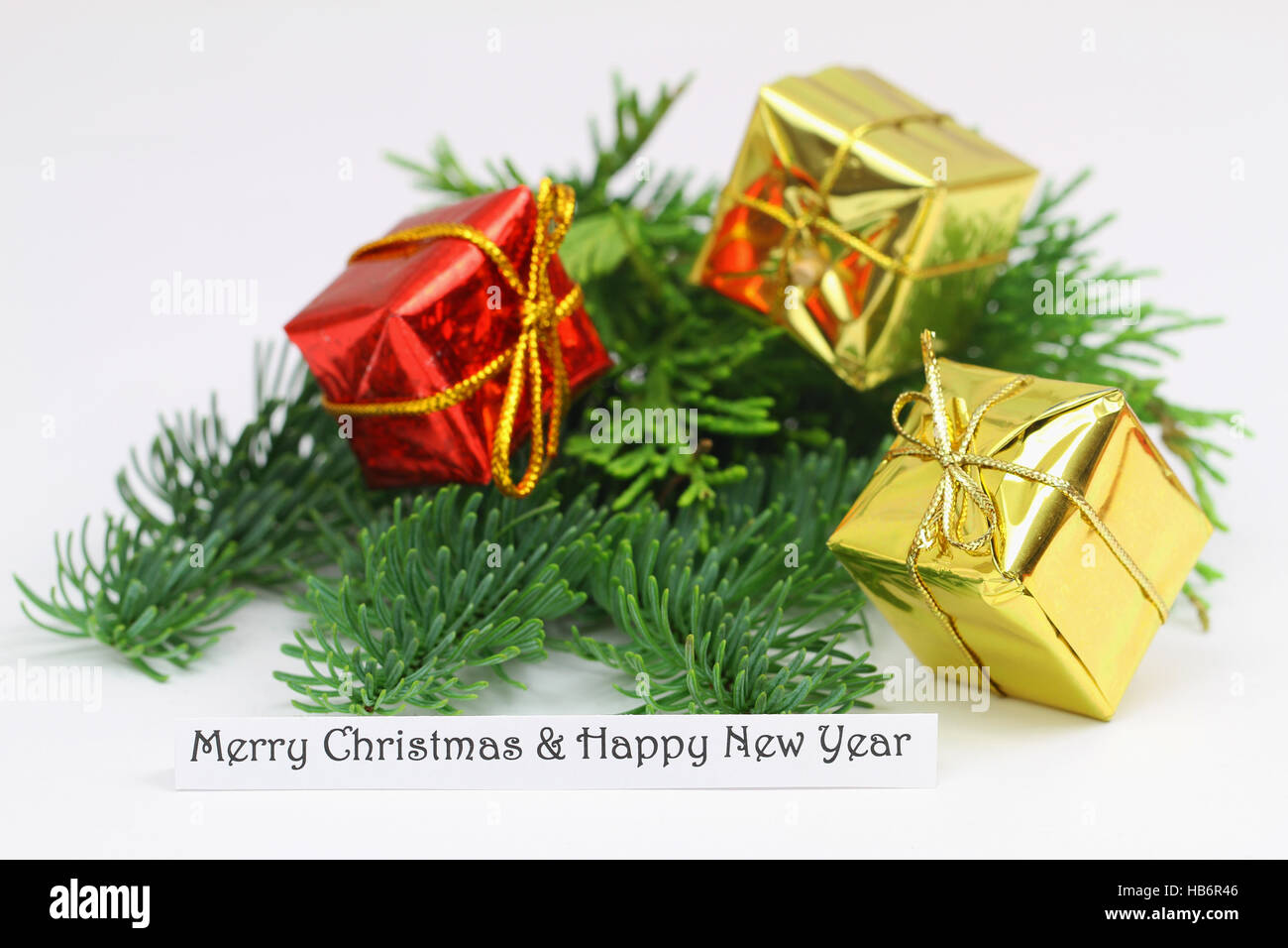 Frohe Weihnachten und Happy New Year-Karte mit Miniatur-Geschenk-Boxen und frische Kiefer Stockfoto