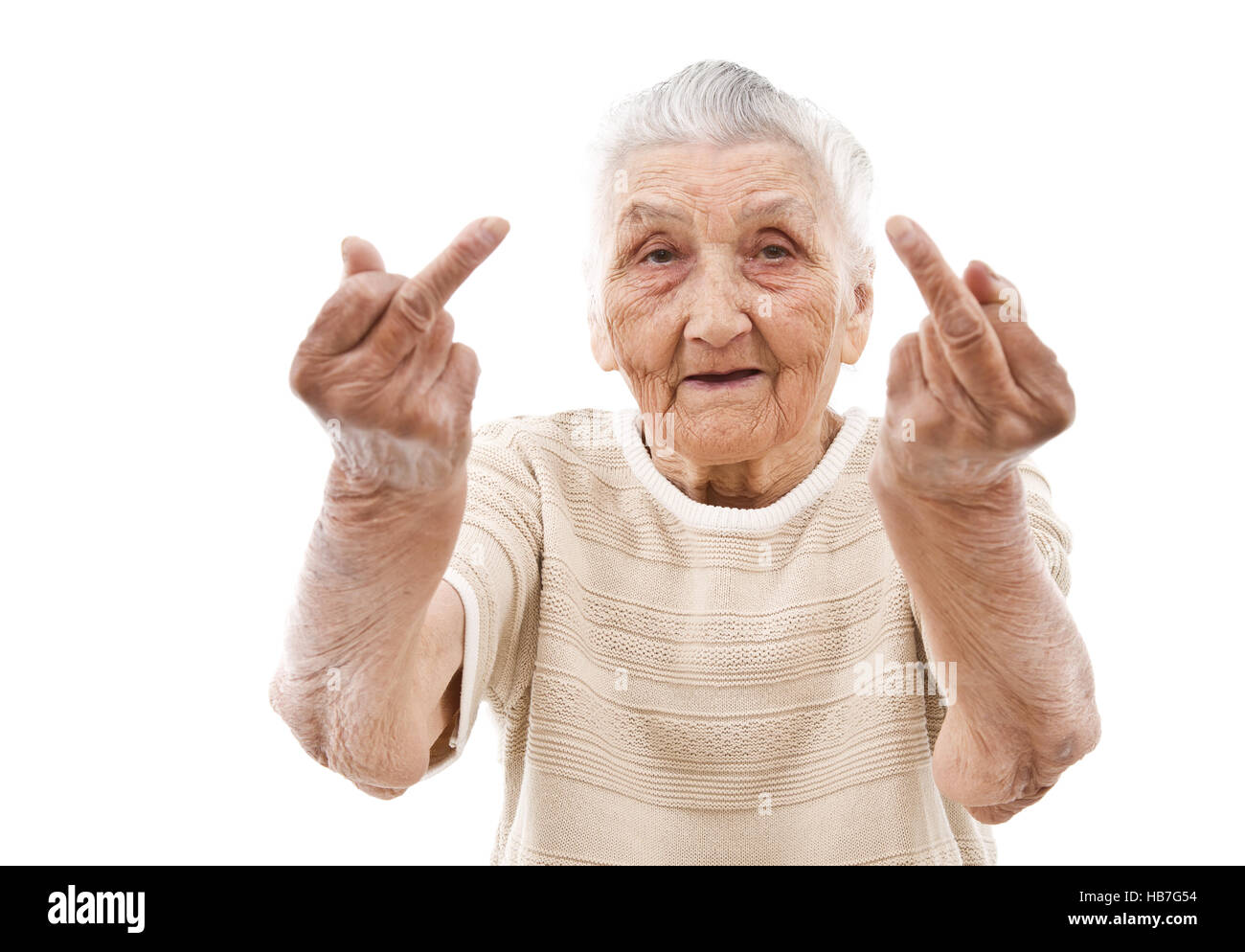 sehr alte Frau Showhing f-Finger beider Hände auf Stockfoto
