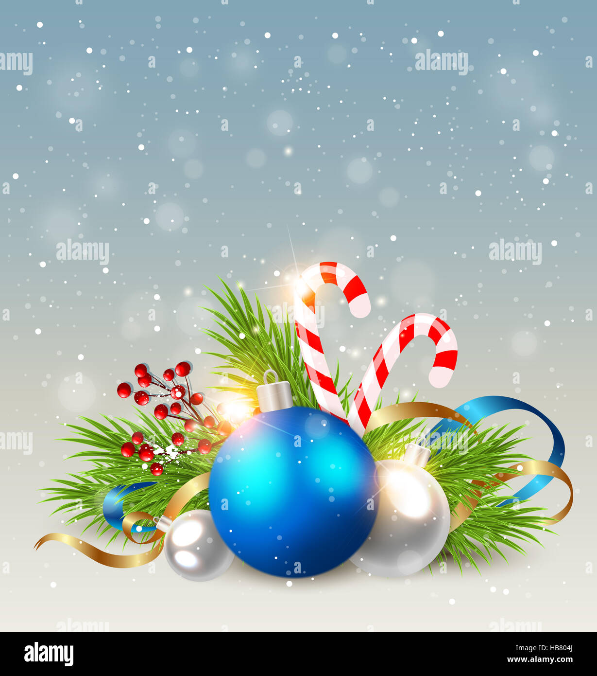 Weihnachten Hintergrund mit blauer Dekoration, Zuckerstange und grüne Tanne Zweig. Design für die Weihnachtskarte. Stockfoto