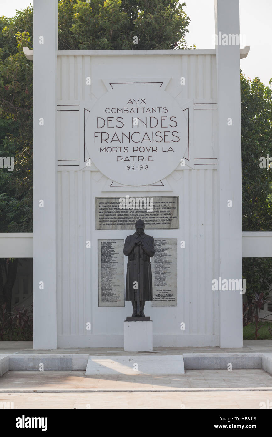 Die Franzosen Krieg Memorial, Podicherry, Puducherry, Tamil Nadu, Indien. Stockfoto