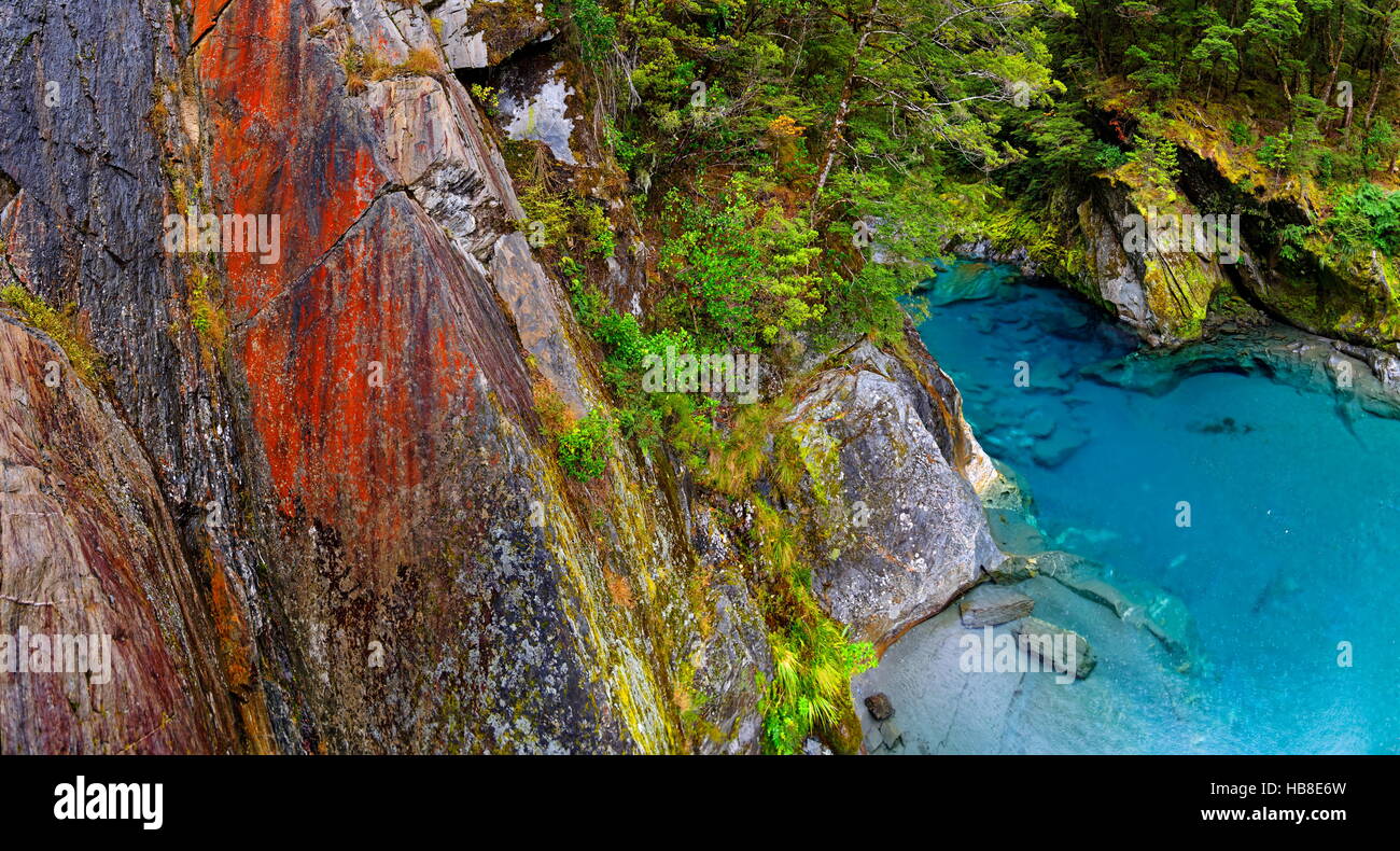 Blauen Pools, Fels-Pools gefüllt von Makarora River, türkisfarbenem kristallklarem Wasser, Wanaka, Otago Region, Südinsel Stockfoto