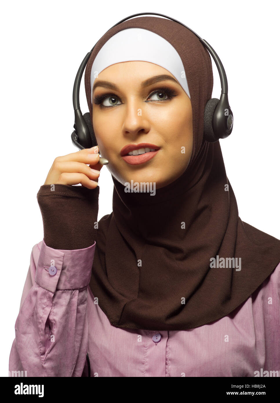 Muslimische Frau Tech Support Worker isoliert Stockfoto