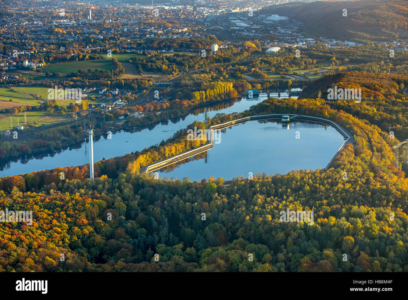 Luftaufnahme, Koepchenwerk Pumpspeicher Reservoir höher dam Waterpowerplant, See Hengsteysee, Herdecke, Ruhrgebiet, Stockfoto