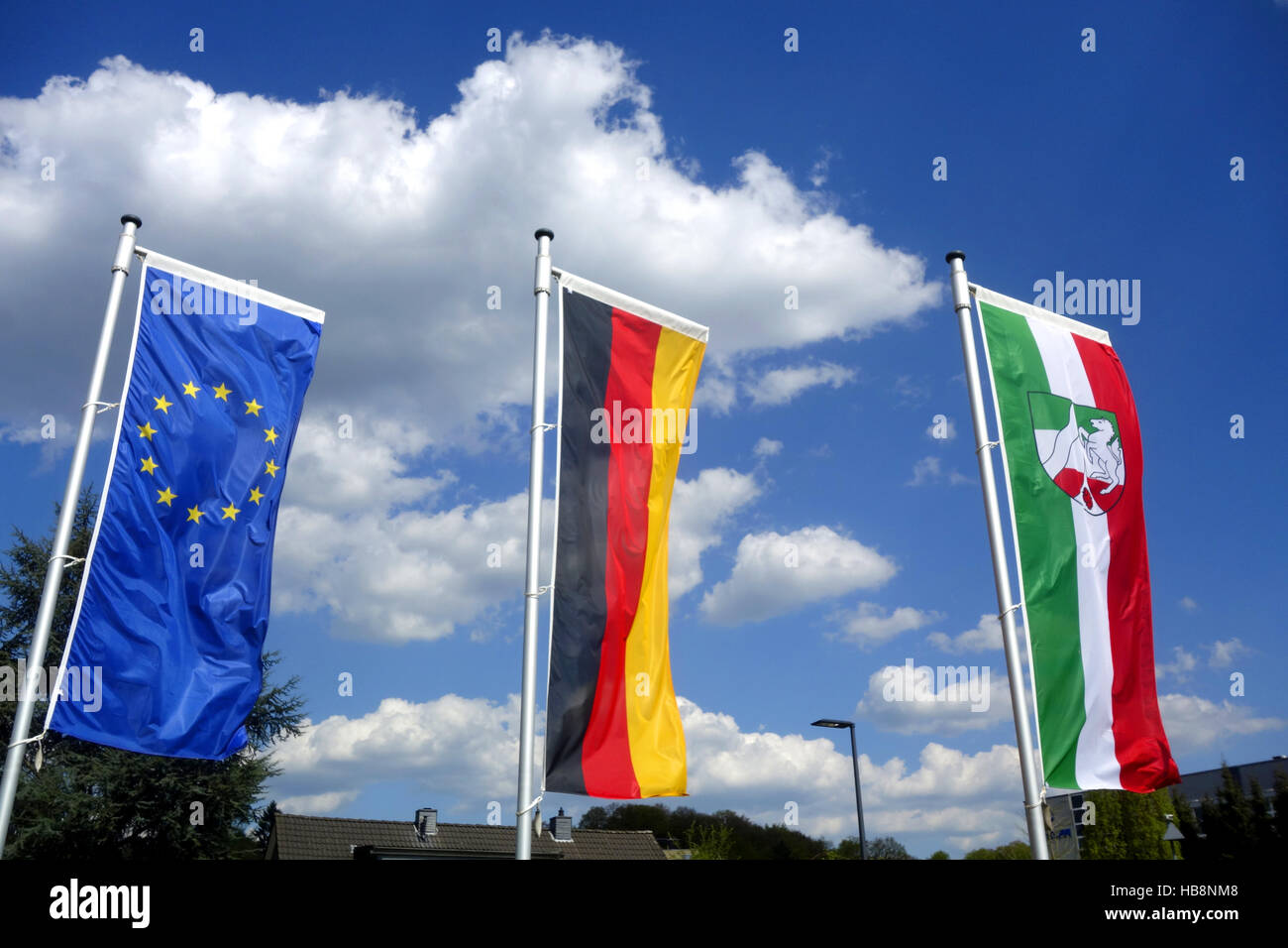 Flaggen der EU, BRD, NRW Stockfoto