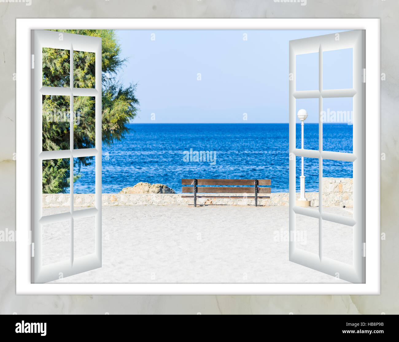 Fenster offene Meer Strand Grasgrün Stockfoto
