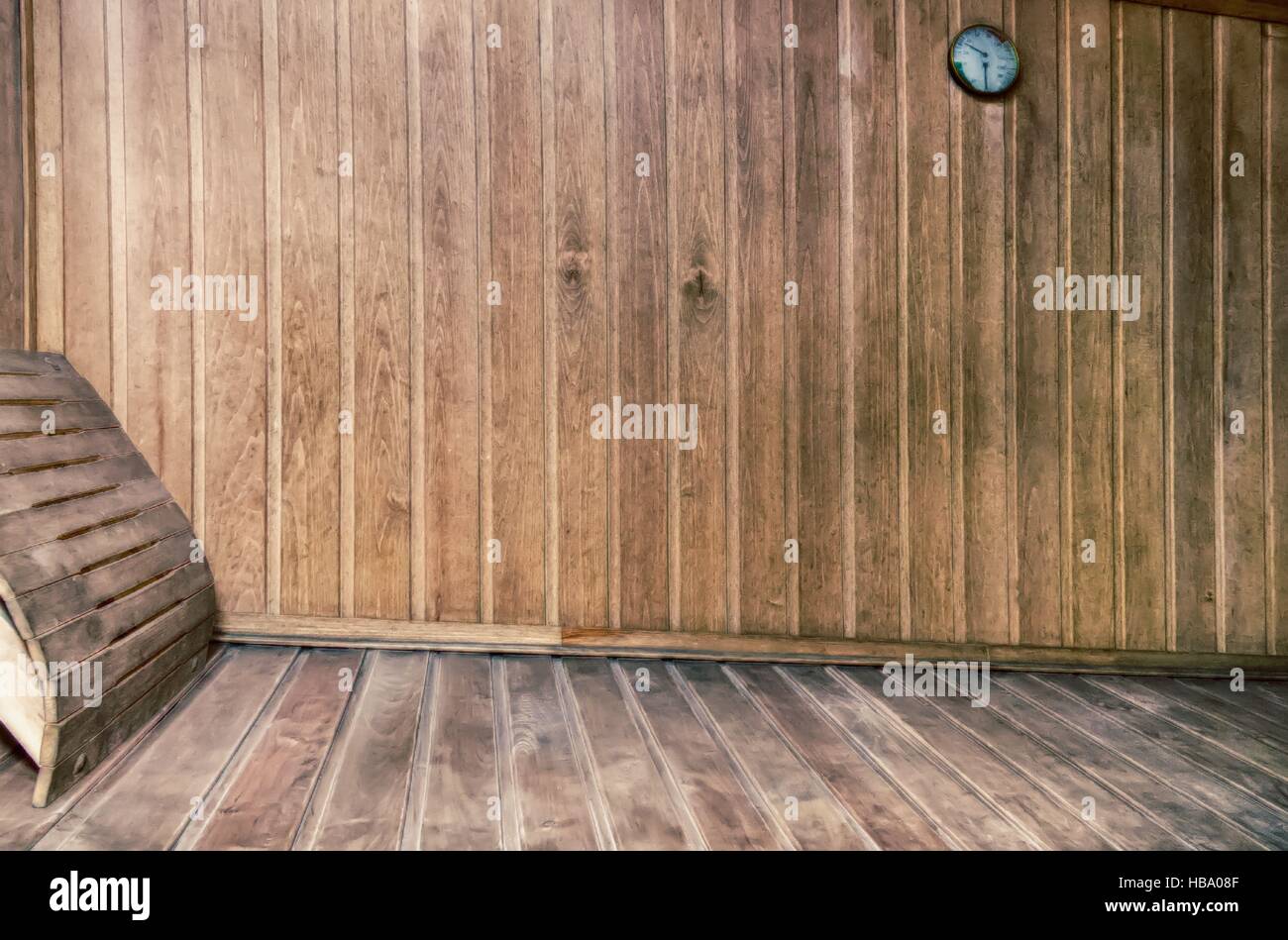 Eine kleine Sauna mit Holzwänden Stockfoto