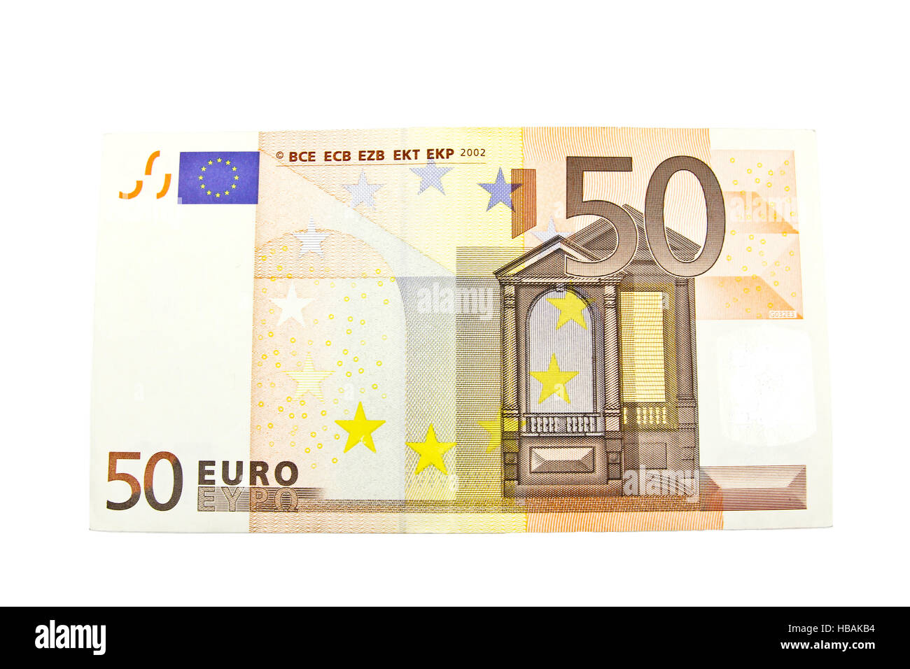 50 Euro-Banknote auf weißem Hintergrund. Stockfoto