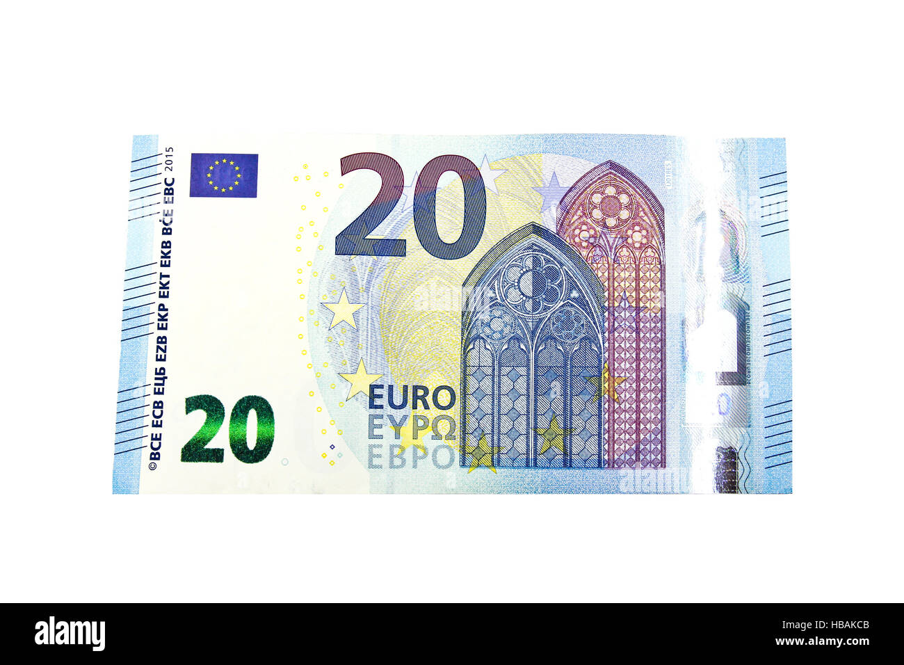 20 Euro-Banknote auf weißem Hintergrund. Stockfoto