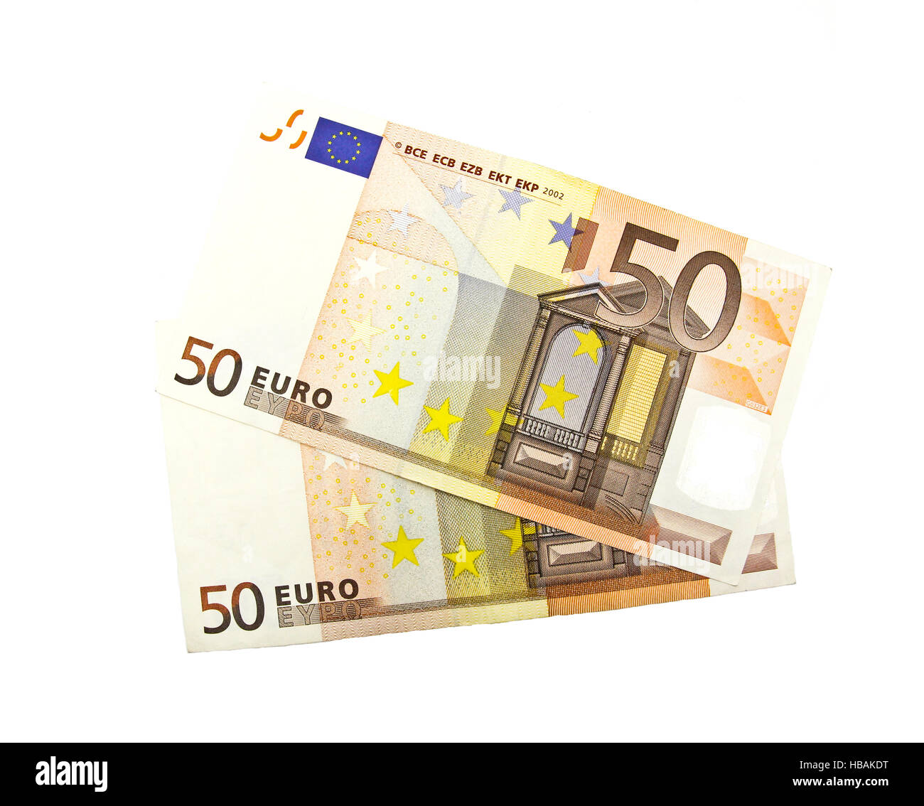 50 Euro-Banknote auf weißem Hintergrund. Stockfoto