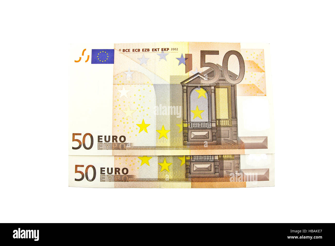 50 Euro-Banknote auf weißem Hintergrund. Stockfoto