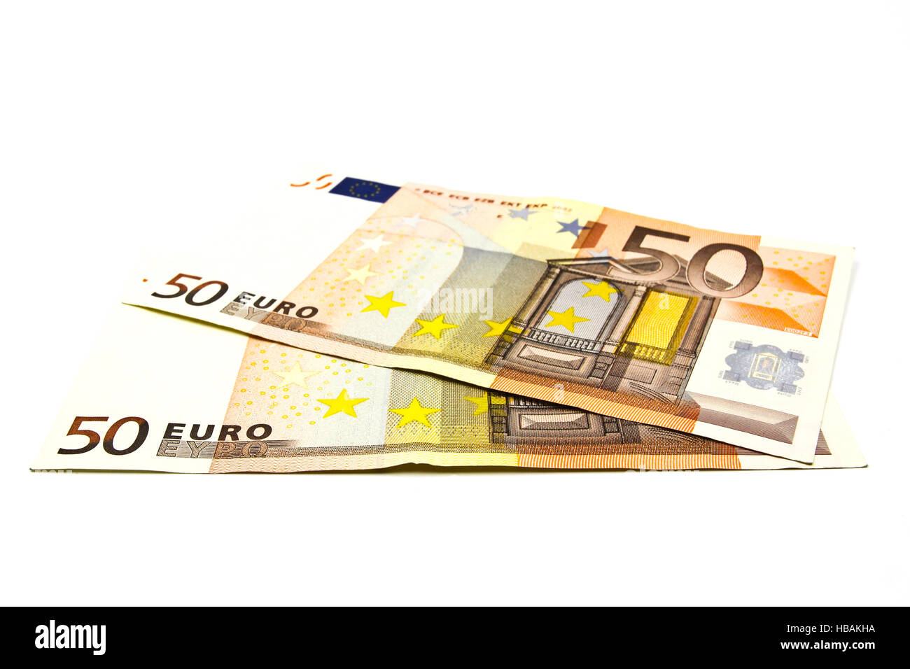 50 Euro-Banknote auf weißem Hintergrund. Stockfoto