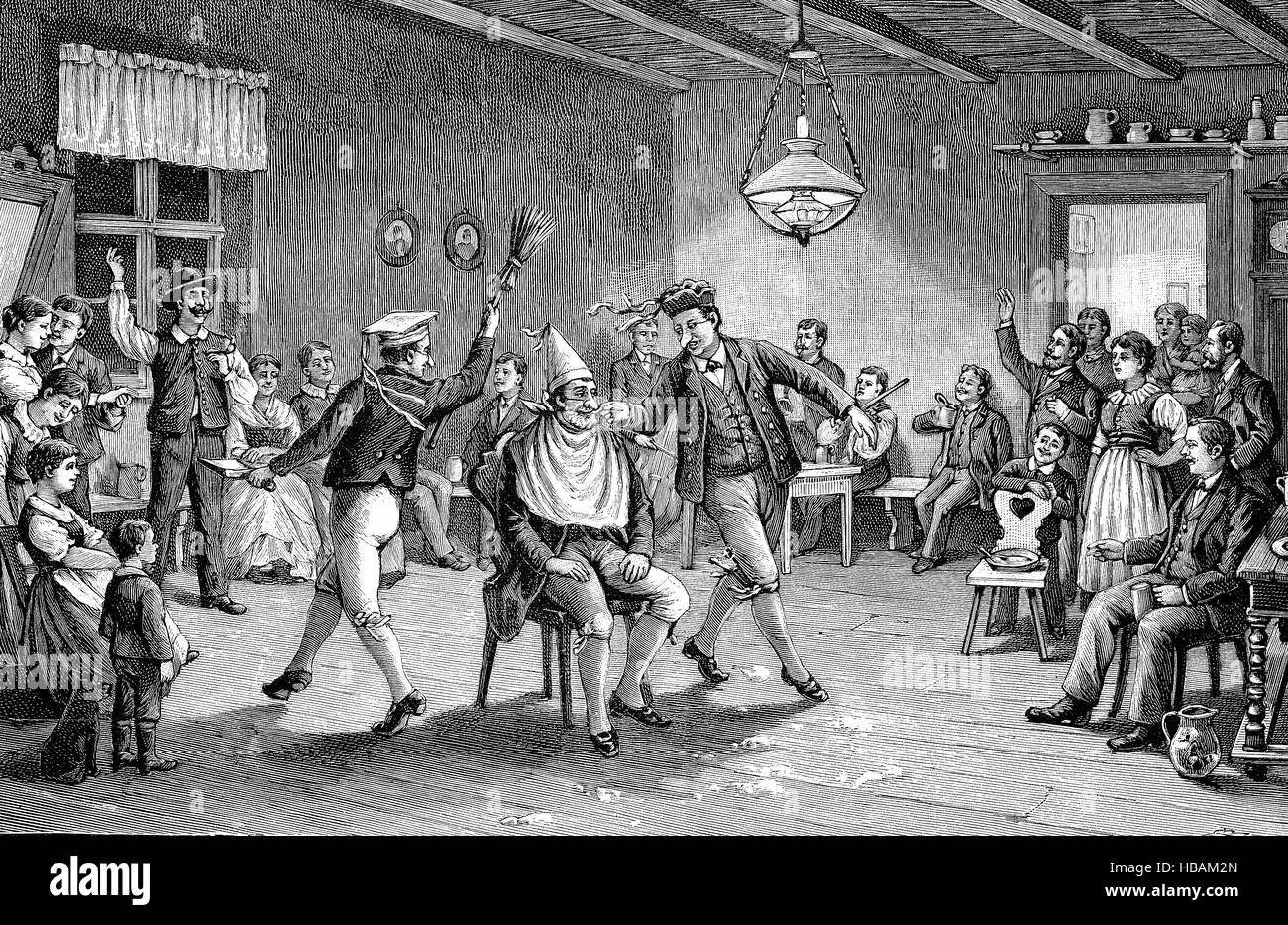 der Barbier-Tanz, ein alter Brauch in Pommern, historische Darstellung aus dem Jahr 1880 Stockfoto
