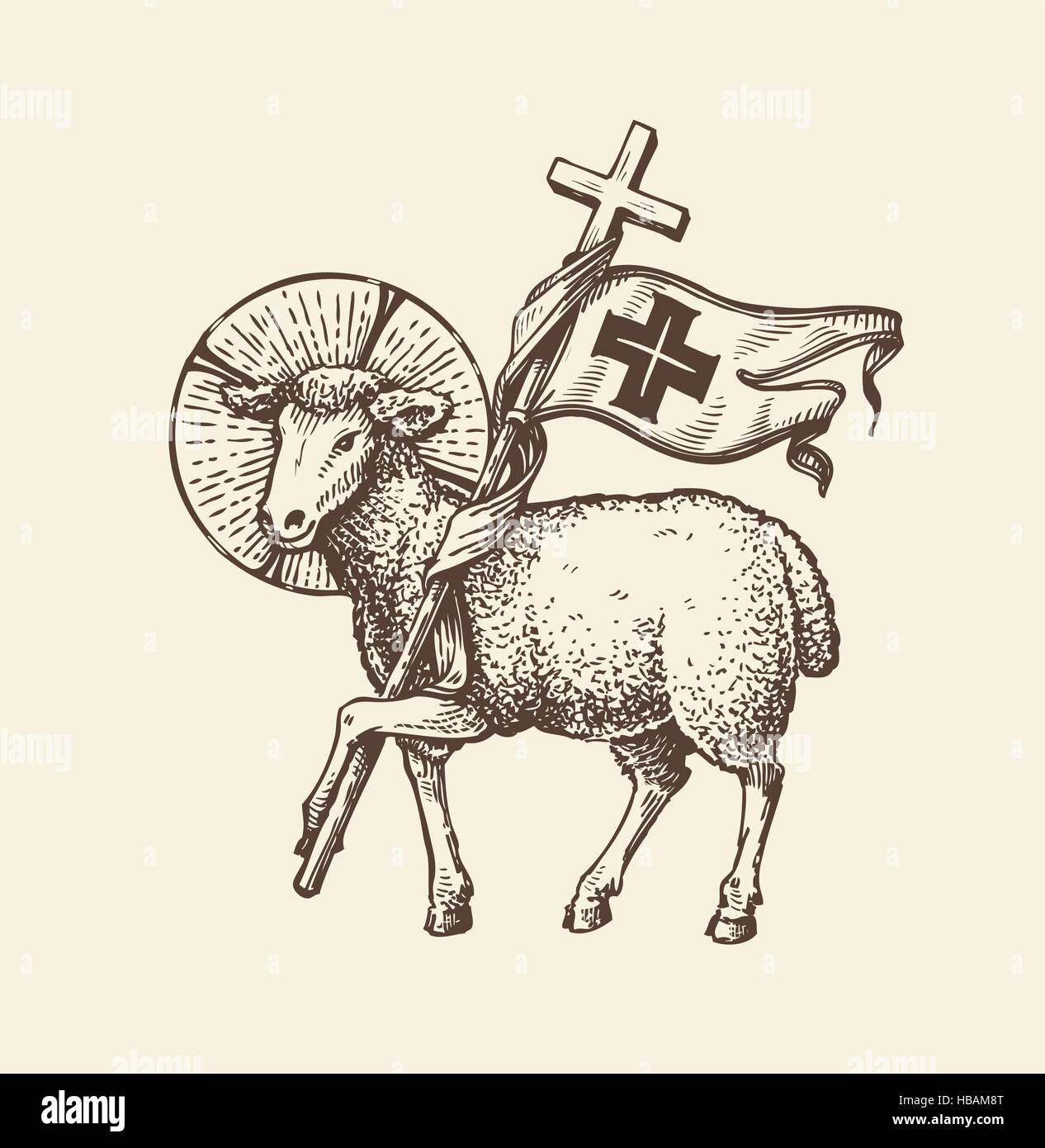 Lamm oder Schaf hält Kreuz. Religiöses Symbol. Skizze-Vektor Stock Vektor