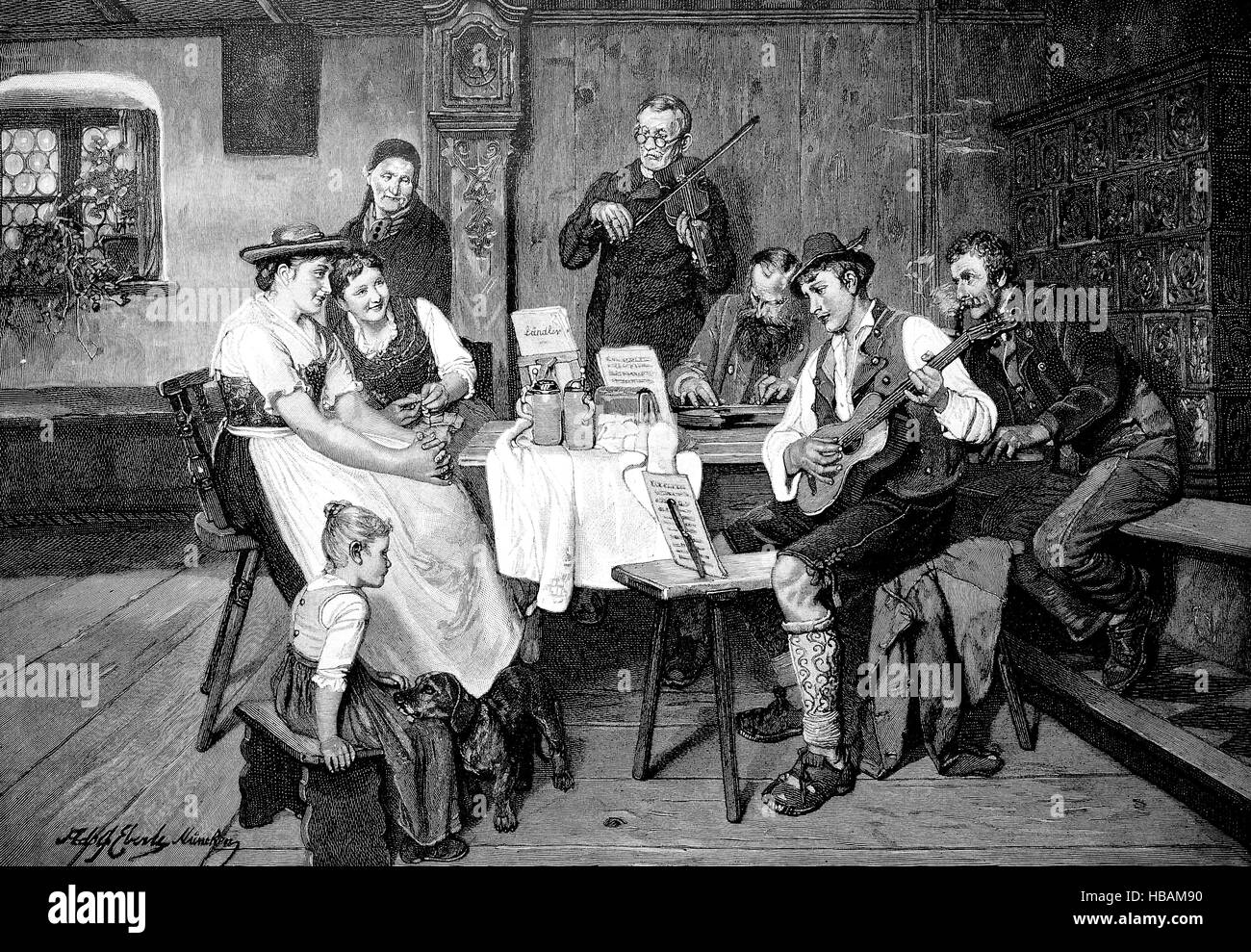 Housemusik in einem bayerischen Wirtshaus eine Laendler, Bayern, Deutschland, historische Darstellung aus dem Jahr 1880 Stockfoto