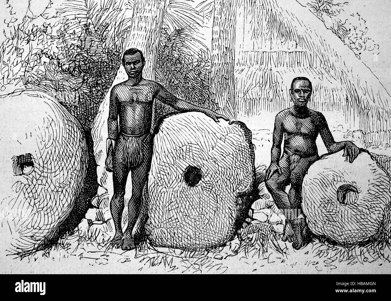 RAI oder Stein Geld Kreisscheiben Stein aus Kalkstein geschnitzt, abgebaut auf mehreren der mikronesischen Inseln, historische Darstellung aus dem Jahr 1880 Stockfoto
