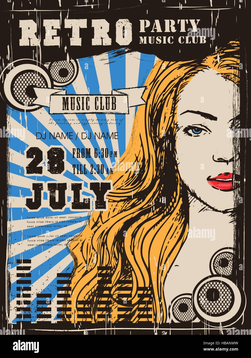 Retro-Musik-Party-Poster-Design mit attraktiven Frau Stock Vektor