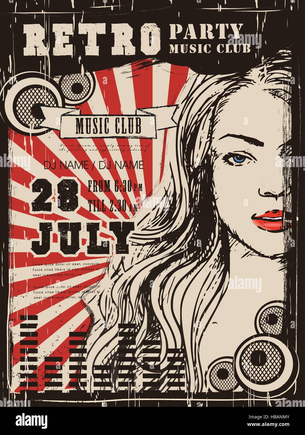 Retro-Musik-Party-Poster-Design mit attraktiven Frau Stock Vektor