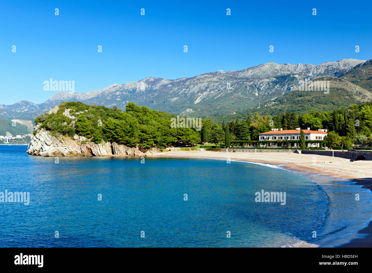 Mittelmeer Adria Meer Landschaft in der Nähe von Sveti Stefan, Montenegro, Europa. Stockfoto