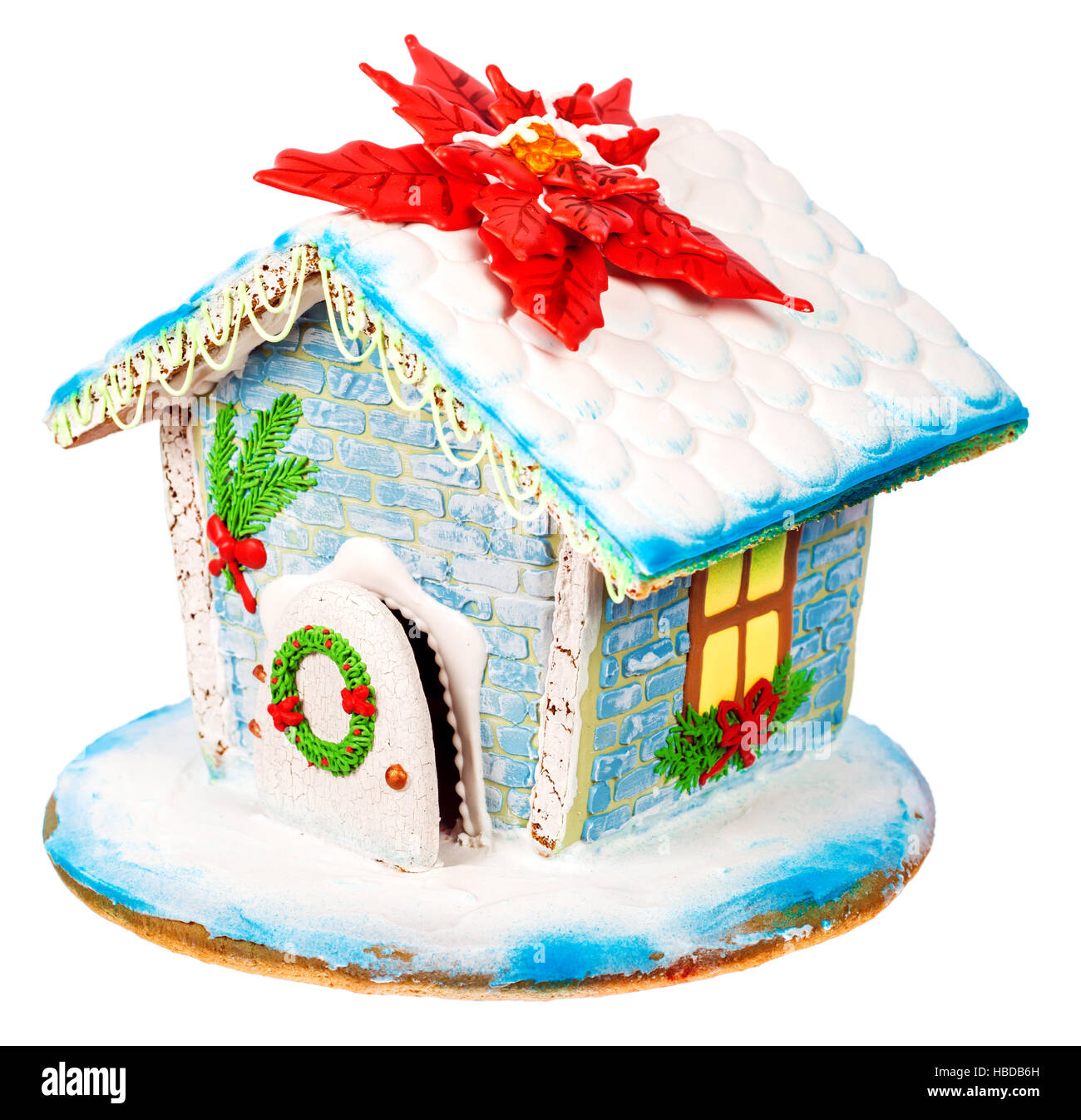Schöne und leckere Cookies Weihnachten Lebkuchen Haus auf weißem Hintergrund Stockfoto
