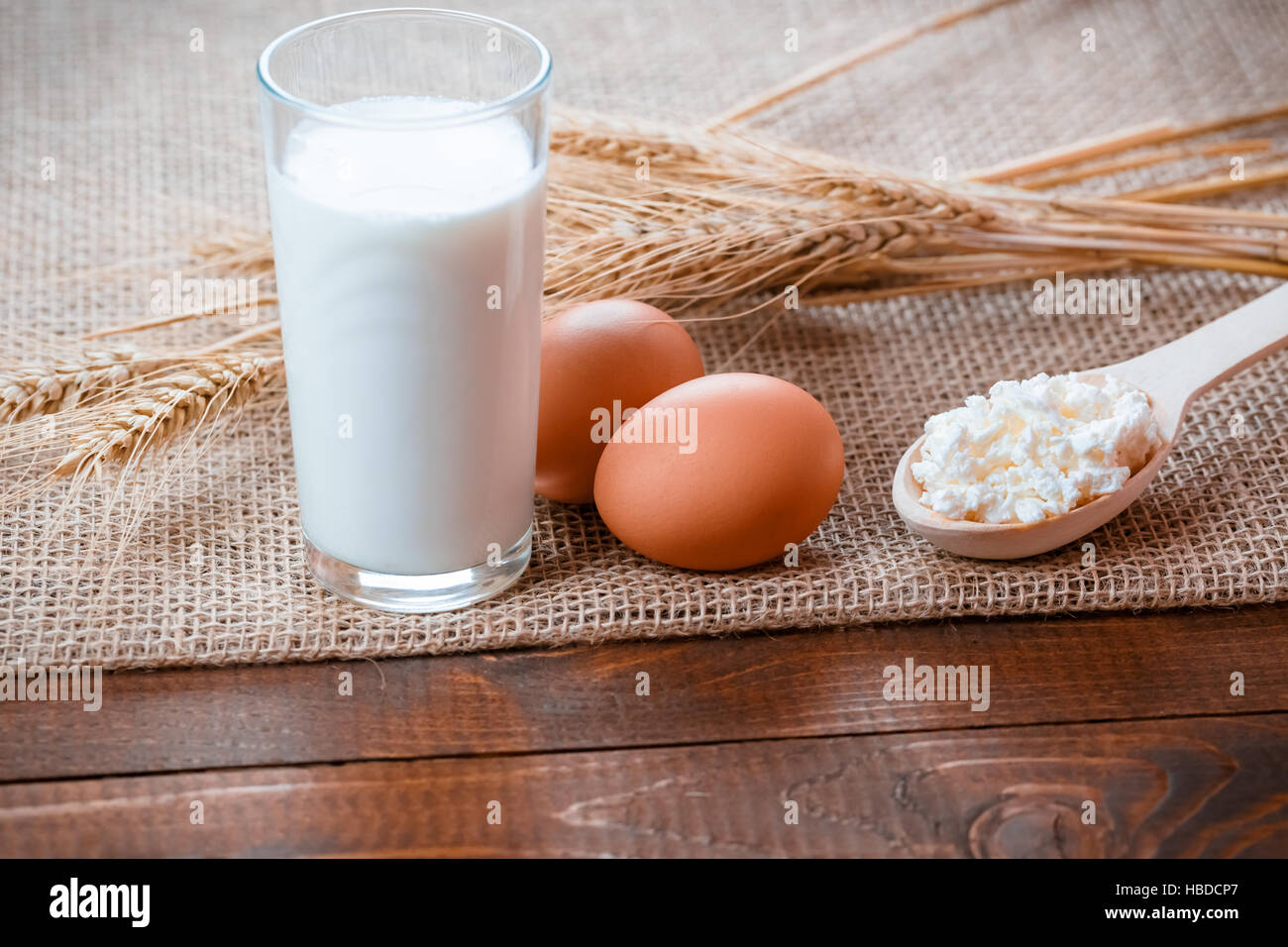 Hausgemachte Naturprodukte: Milch, Käse, saurer Sahne und Eiern auf alten hölzernen Hintergrund mit freiem Speicherplatz für Ihren Text Stockfoto