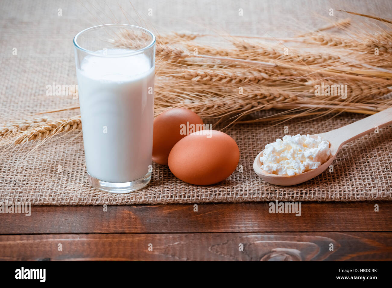 Hausgemachte Naturprodukte: Milch, Käse, saurer Sahne und Eiern auf alten hölzernen Hintergrund mit freiem Speicherplatz für Ihren Text Stockfoto