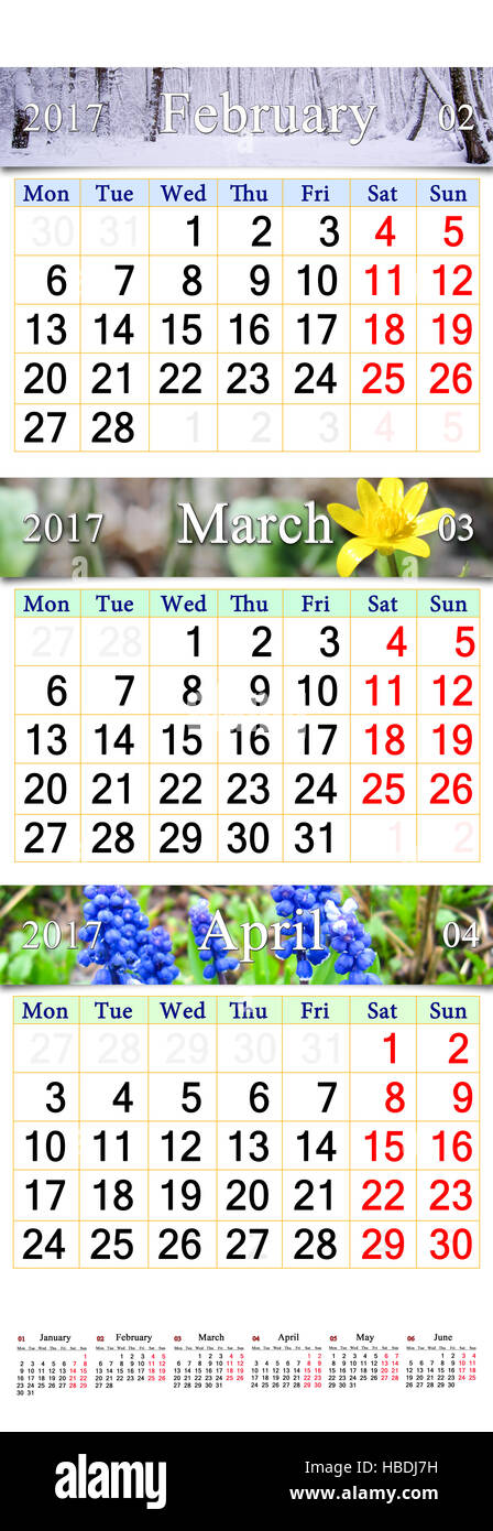 Kalender Februar März und April 2017 mit farbigen Bildern der Natur. Wandkalender für das erste Quartal 2017 Stockfoto