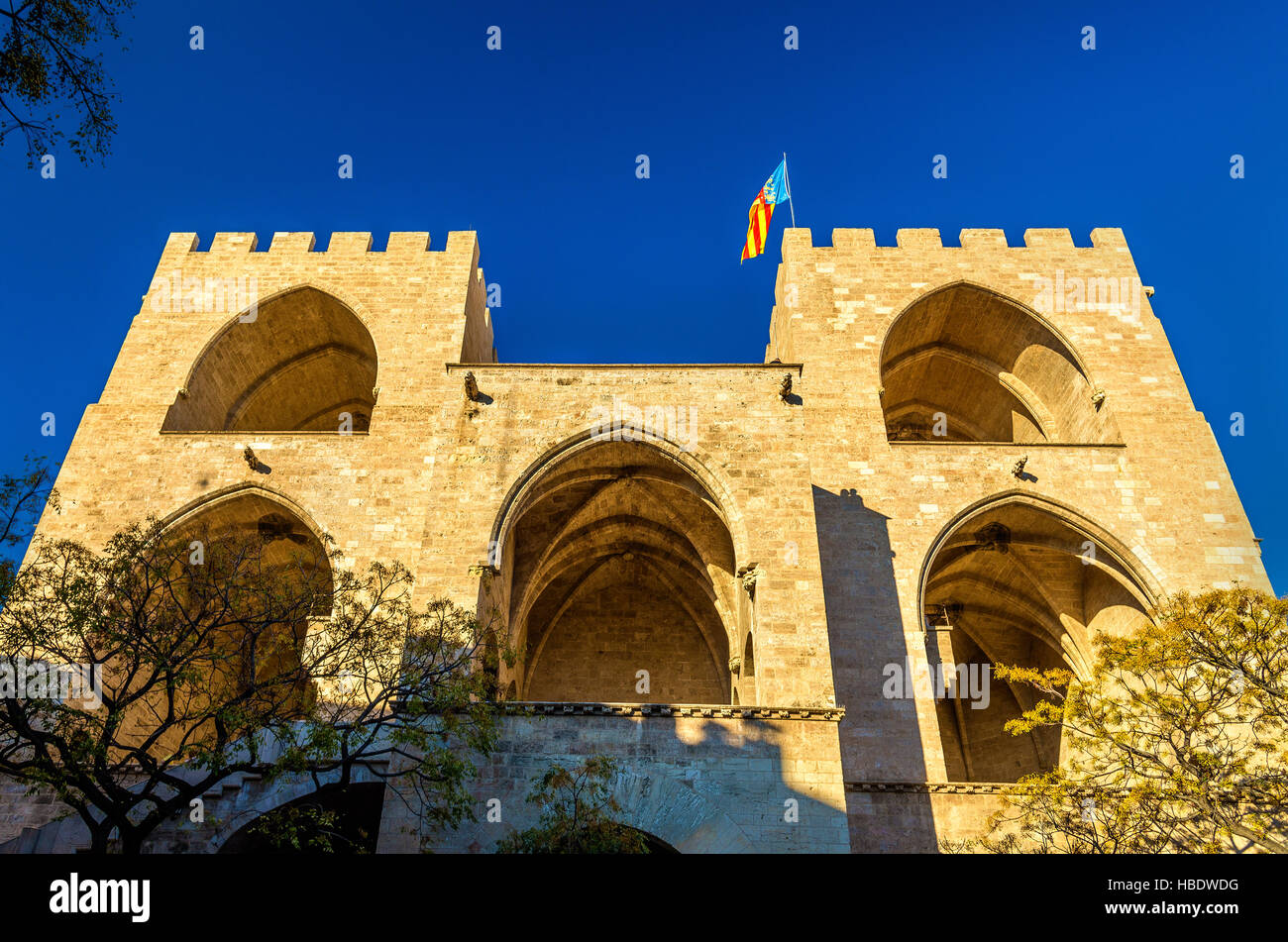 Serranos Tor, Teil der alten Stadtmauer in Valencia, Spanien Stockfoto